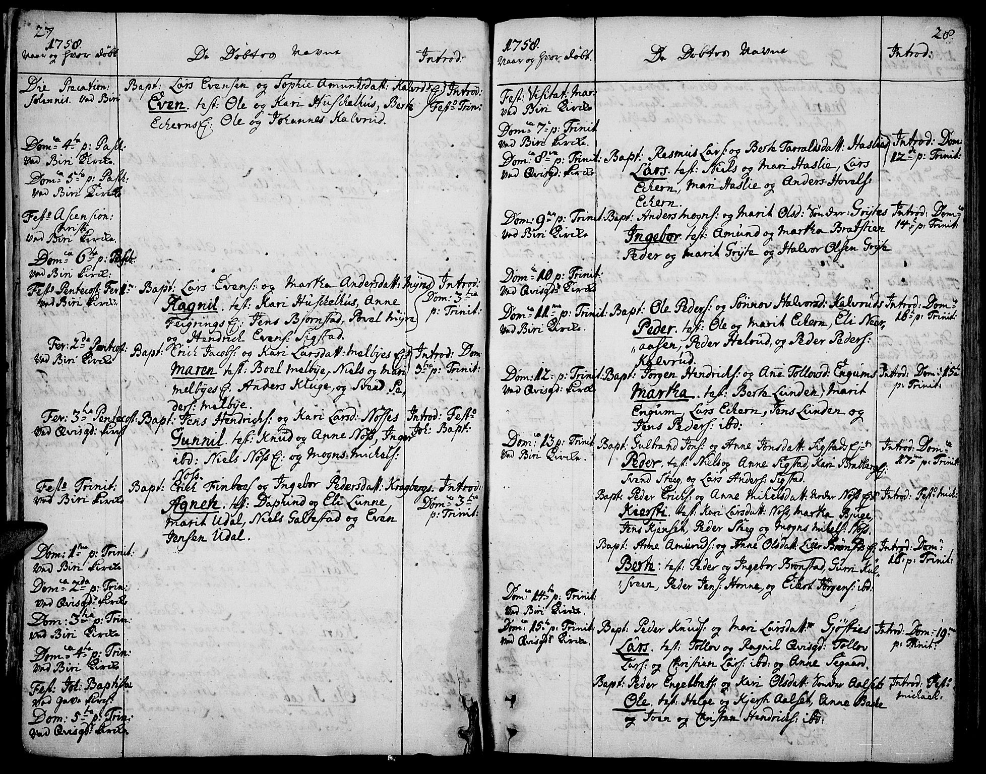 Biri prestekontor, AV/SAH-PREST-096/H/Ha/Haa/L0002: Ministerialbok nr. 2, 1754-1789, s. 27-28