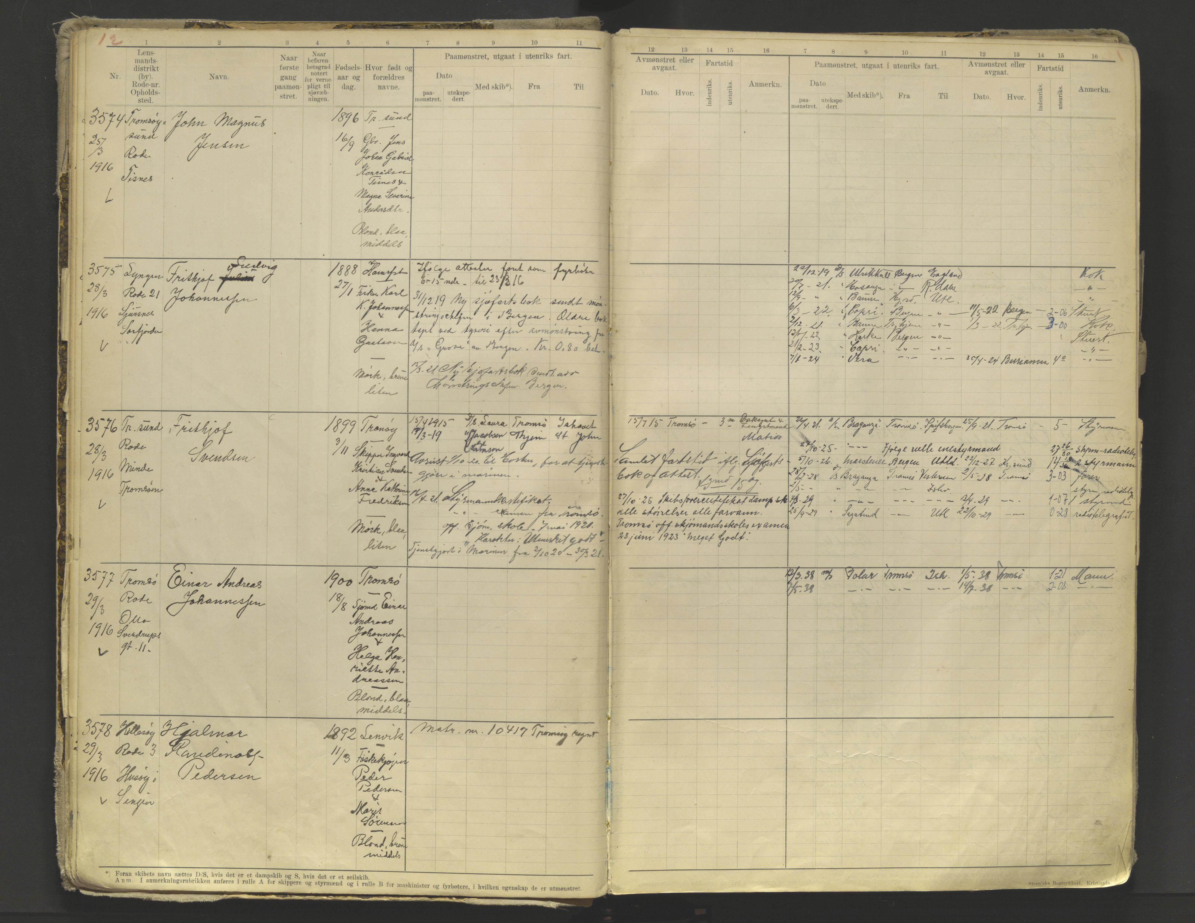 Tromsø sjømannskontor/innrullerings-/mønstringsdistrikt, AV/SATØ-S-0243/F/Fb/L0010: Annotasjonsrulle. Defekt: løs innbinding. Nr. 3519-4972, 1916-1920