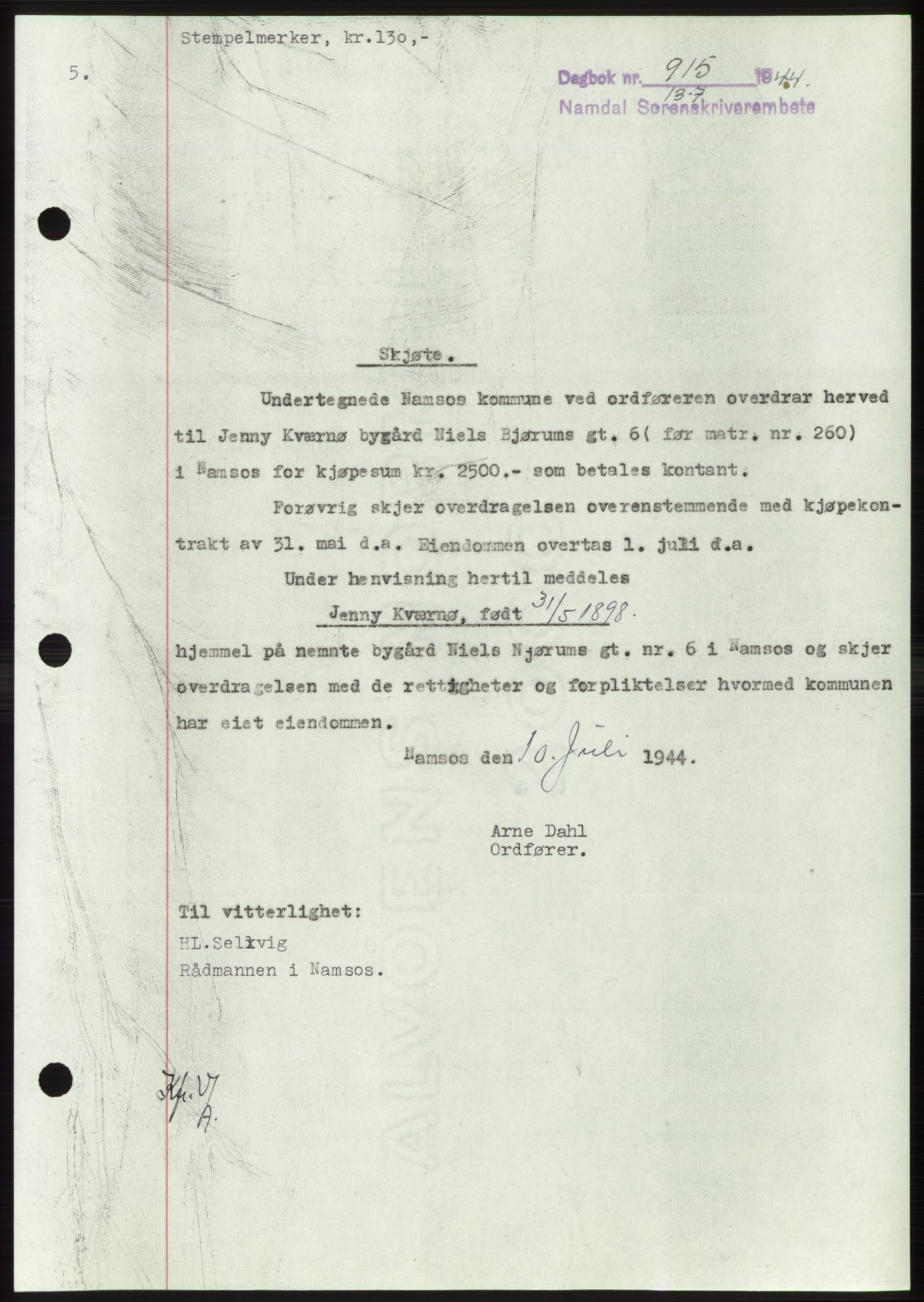 Namdal sorenskriveri, SAT/A-4133/1/2/2C: Pantebok nr. -, 1944-1945, Dagboknr: 915/1944