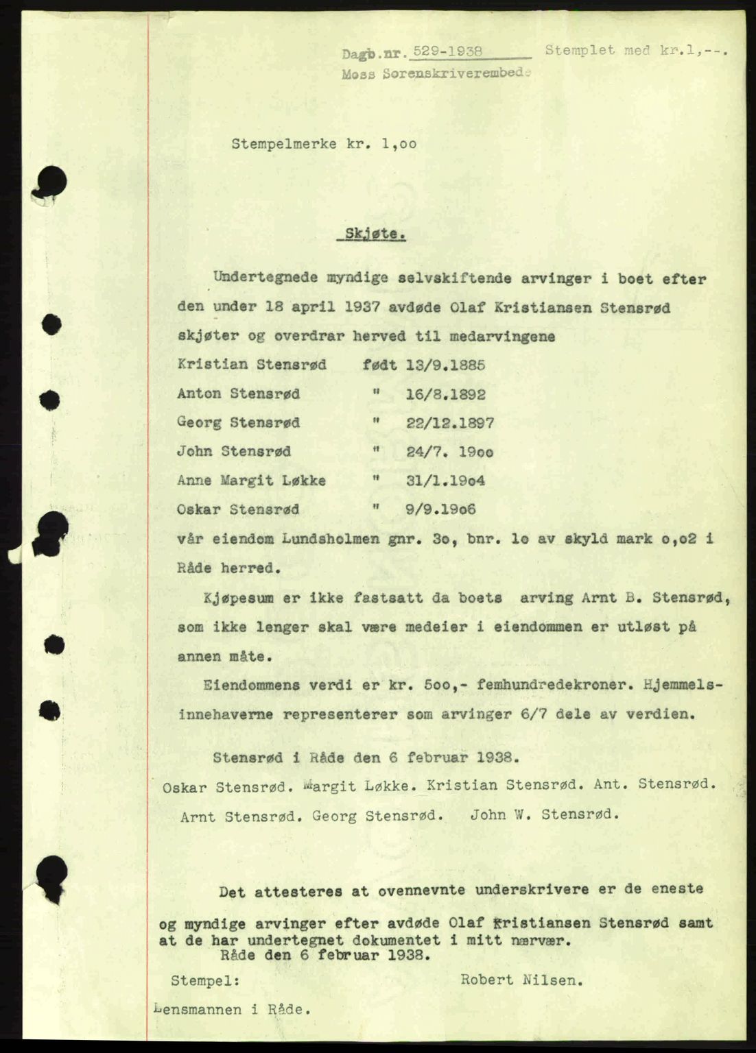 Moss sorenskriveri, SAO/A-10168: Pantebok nr. A4, 1938-1938, Dagboknr: 529/1938