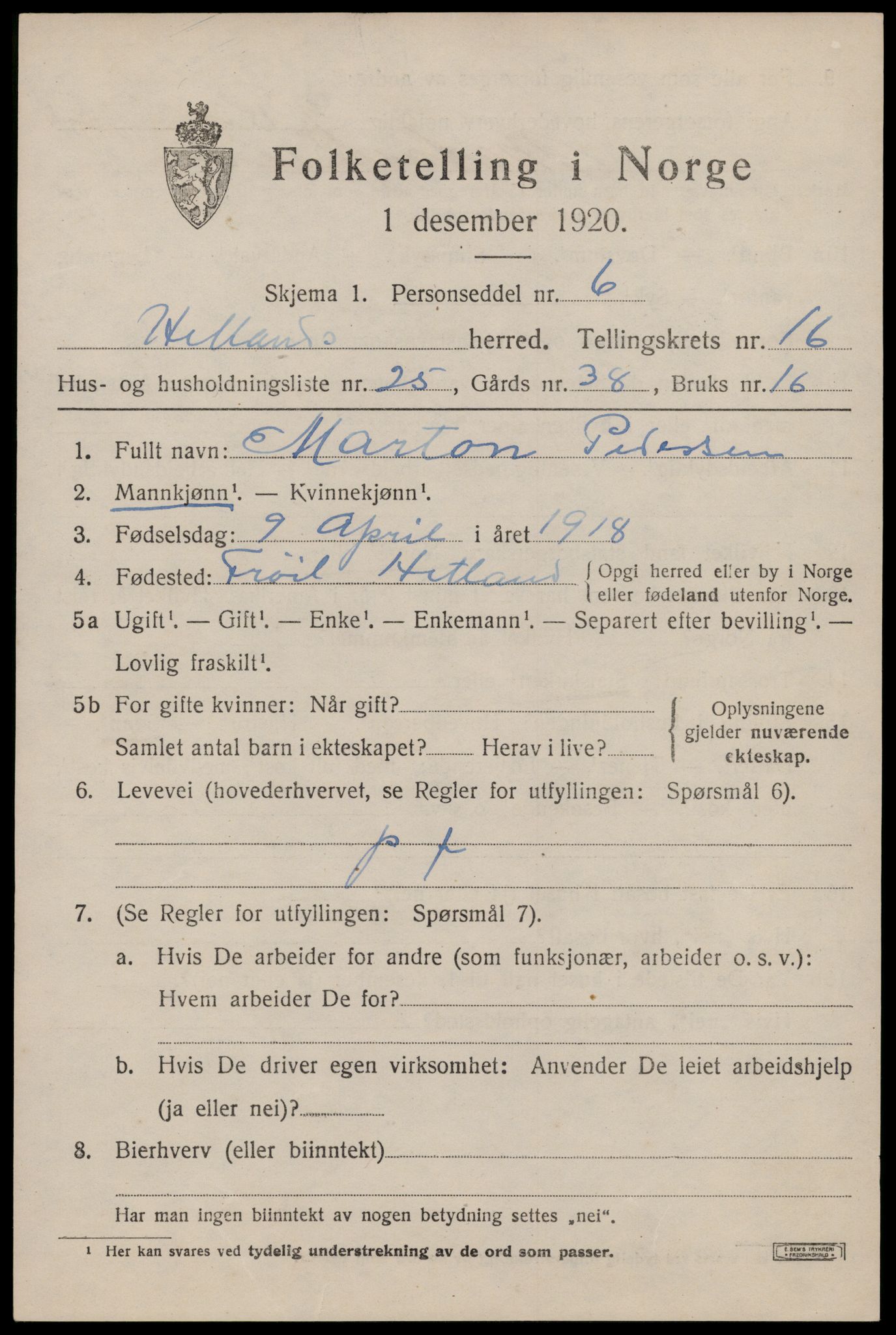 SAST, Folketelling 1920 for 1126 Hetland herred, 1920, s. 23397