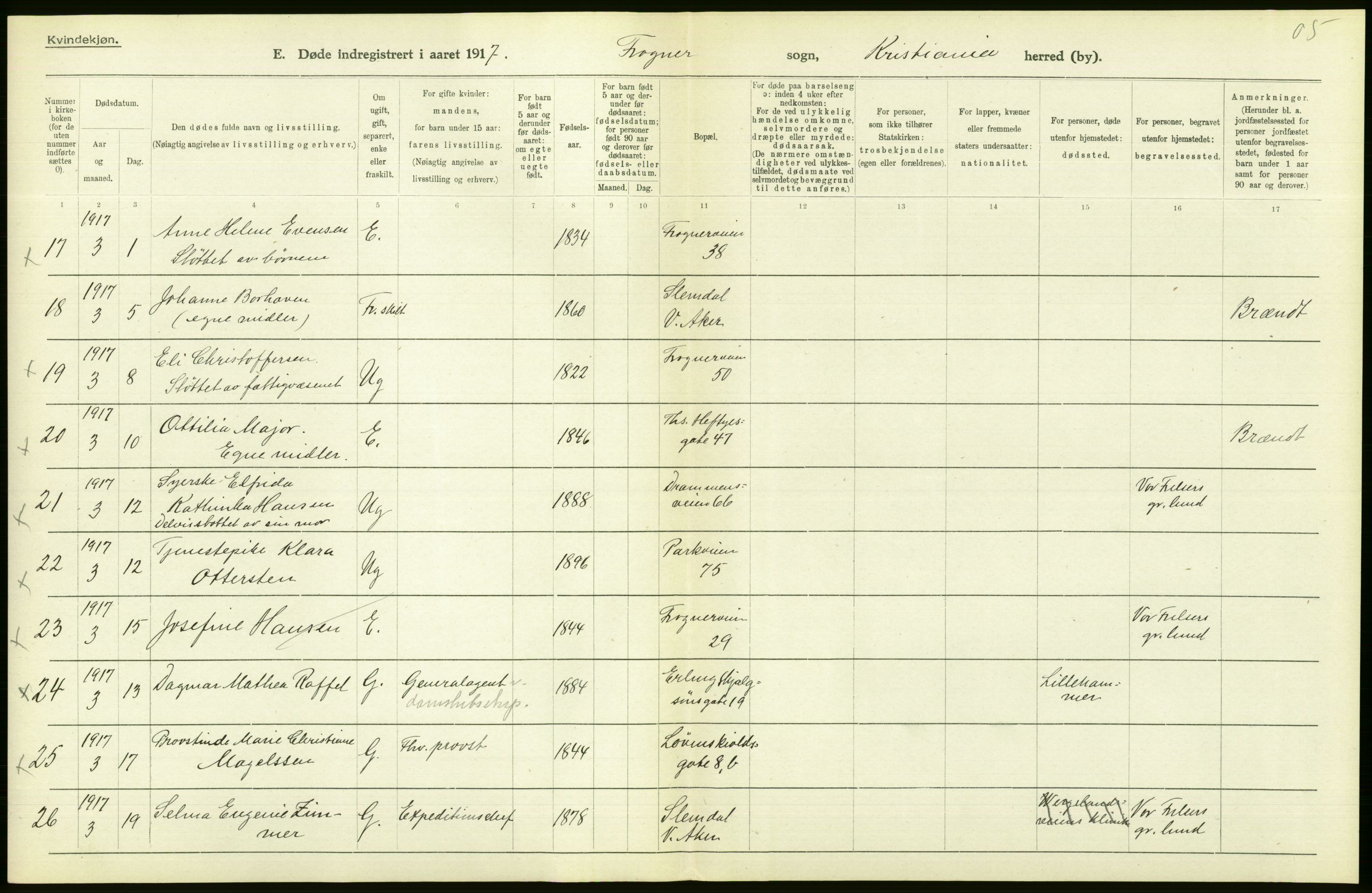 Statistisk sentralbyrå, Sosiodemografiske emner, Befolkning, AV/RA-S-2228/D/Df/Dfb/Dfbg/L0010: Kristiania: Døde, 1917, s. 298