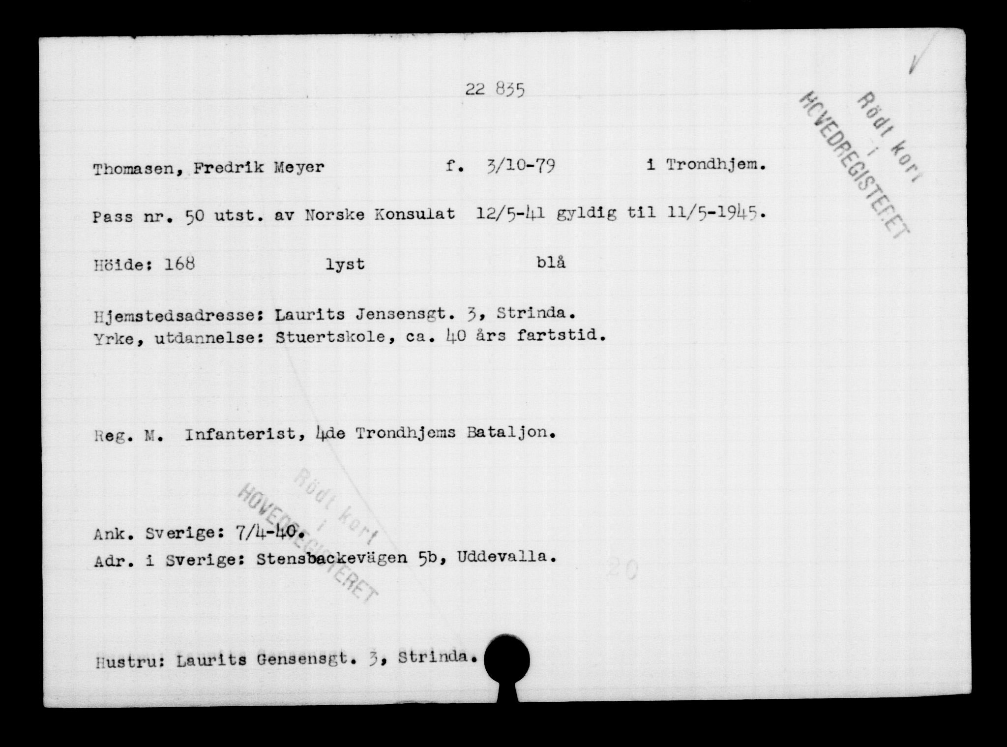 Utenriksstasjonene, Legasjonen i Stockholm, Flyktningkontoret, AV/RA-S-6753/V/Va/L0010: Kjesäterkartoteket, flyktning nr. 22000-25314, 1940-1945, s. 912