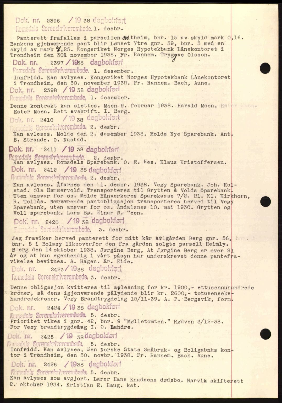 Romsdal sorenskriveri, AV/SAT-A-4149/1/2/2C: Pantebok nr. C1a, 1936-1945, Dagboknr: 2396/1938