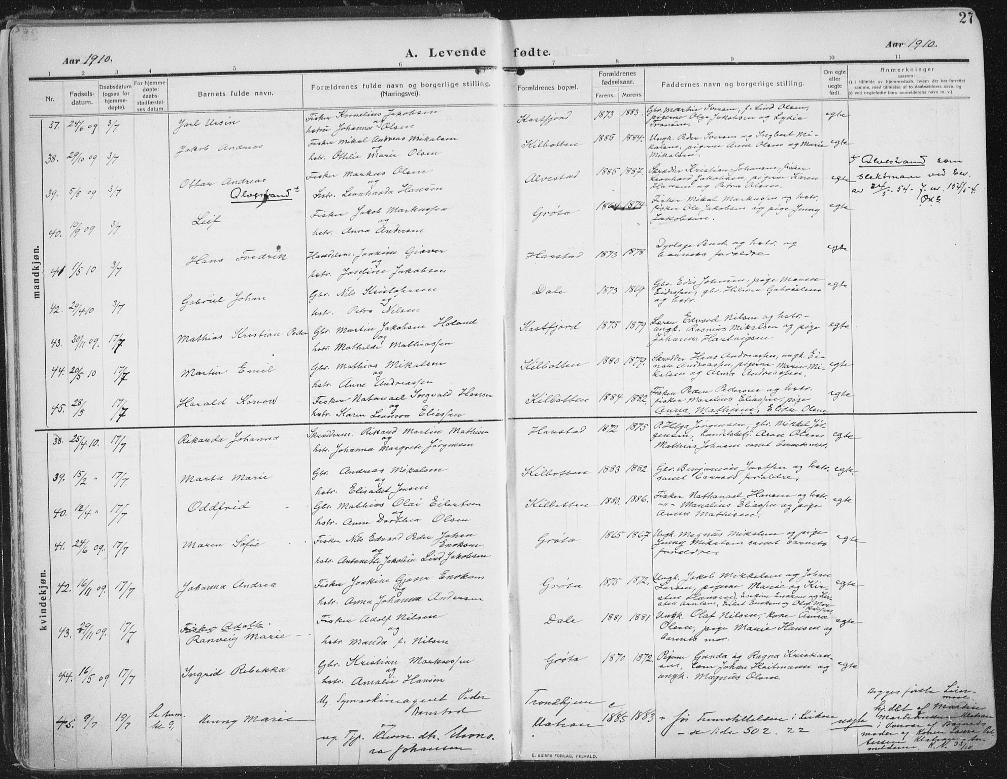 Trondenes sokneprestkontor, AV/SATØ-S-1319/H/Ha/L0018kirke: Ministerialbok nr. 18, 1909-1918, s. 27