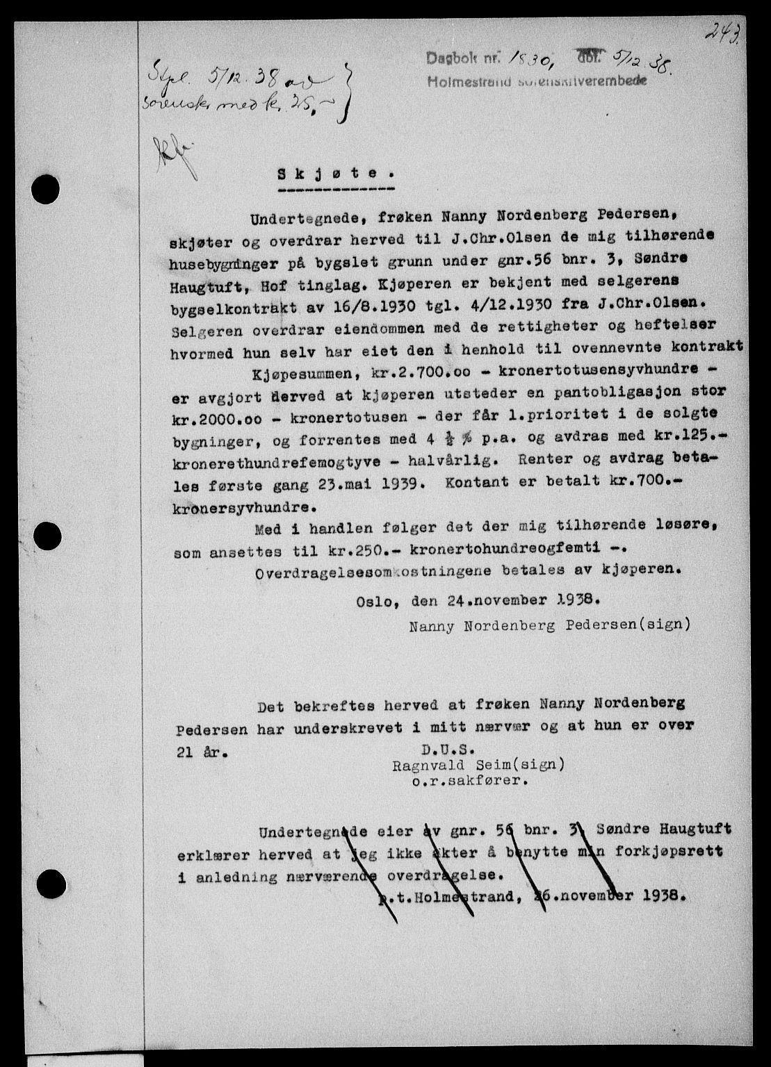 Holmestrand sorenskriveri, SAKO/A-67/G/Ga/Gaa/L0050: Pantebok nr. A-50, 1938-1939, Dagboknr: 1830/1938