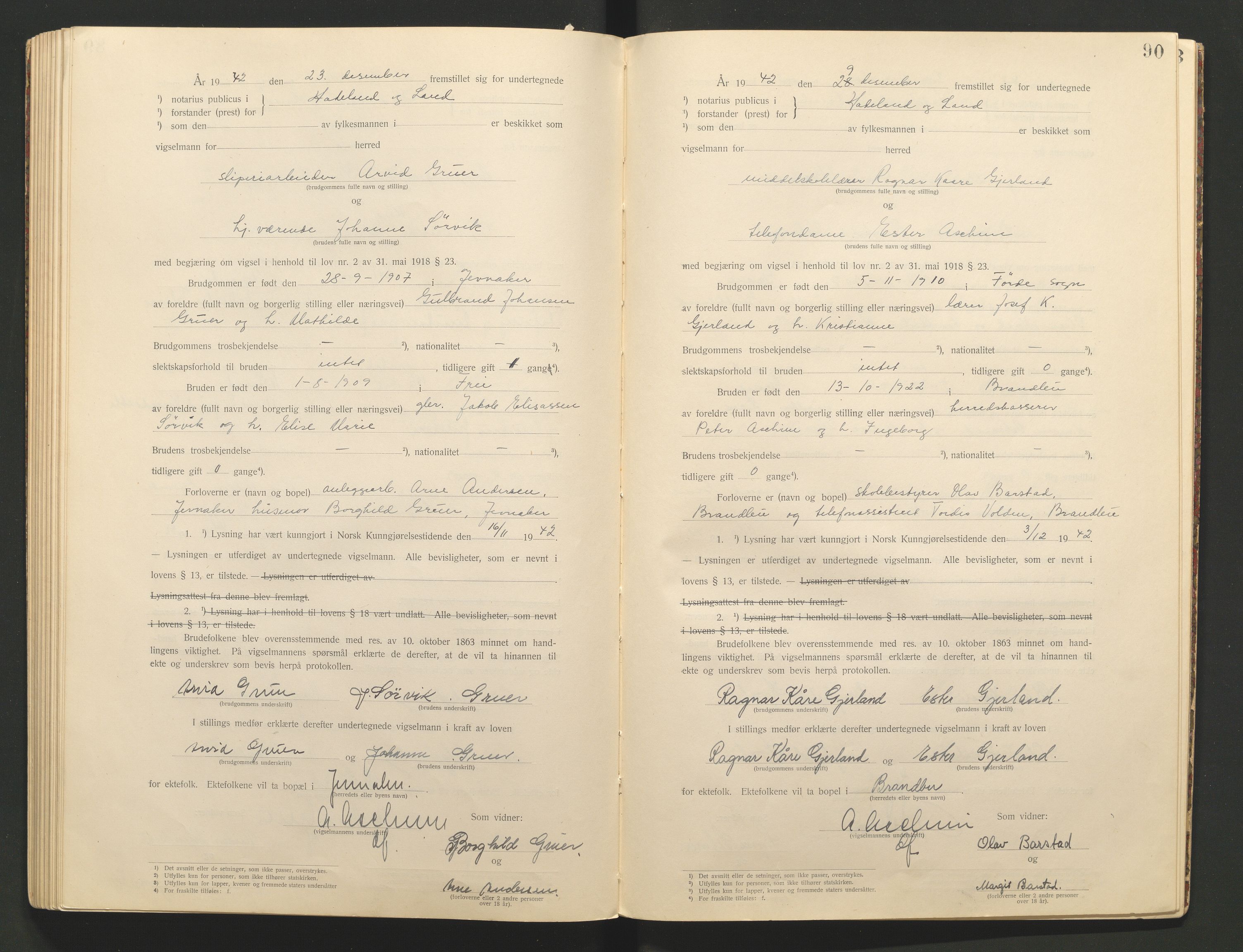 Hadeland og Land tingrett, AV/SAH-TING-010/L/Lb/L0001: Vigselbok, 1920-1943, s. 90