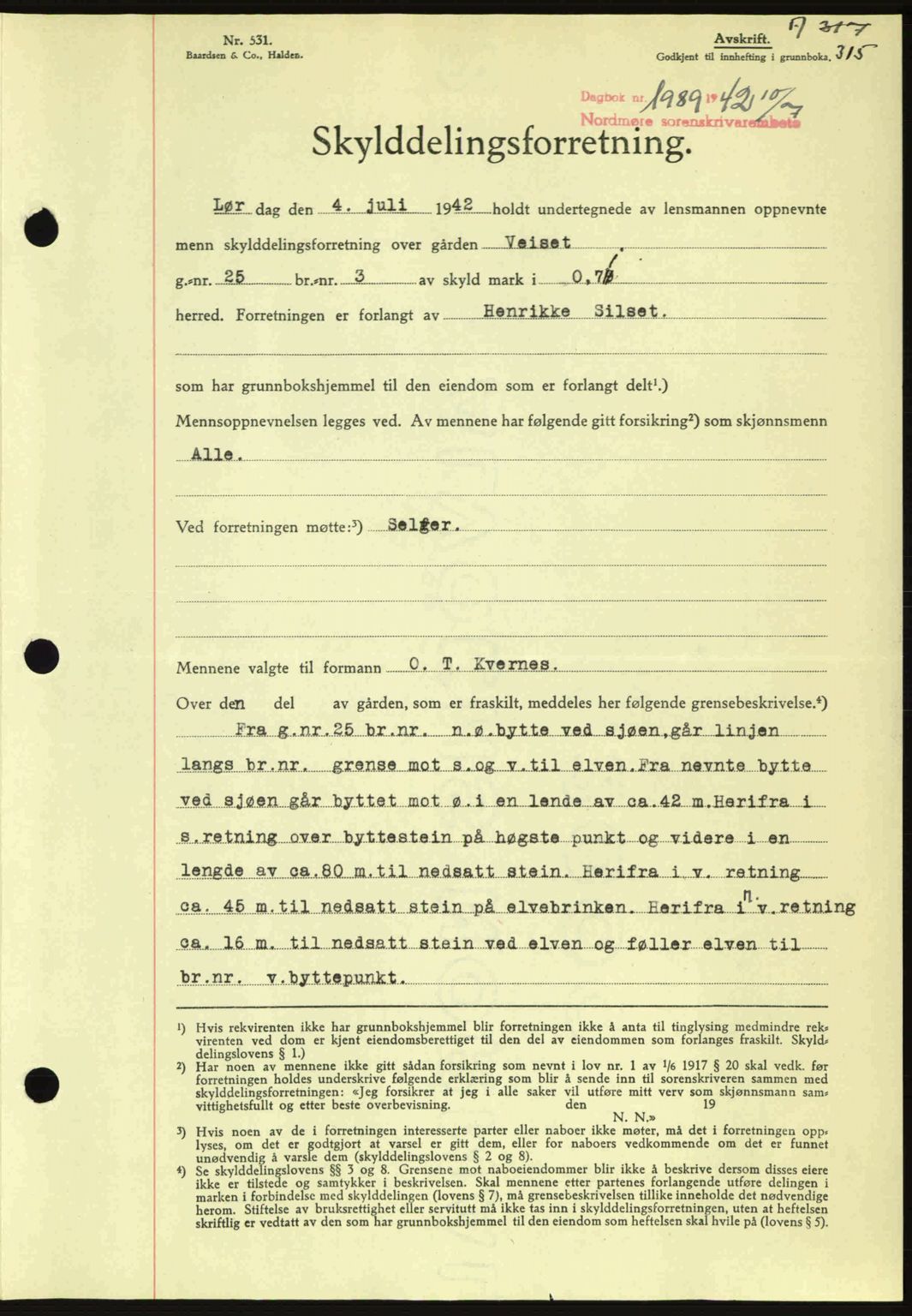 Nordmøre sorenskriveri, SAT/A-4132/1/2/2Ca: Pantebok nr. A93, 1942-1942, Dagboknr: 1889/1942