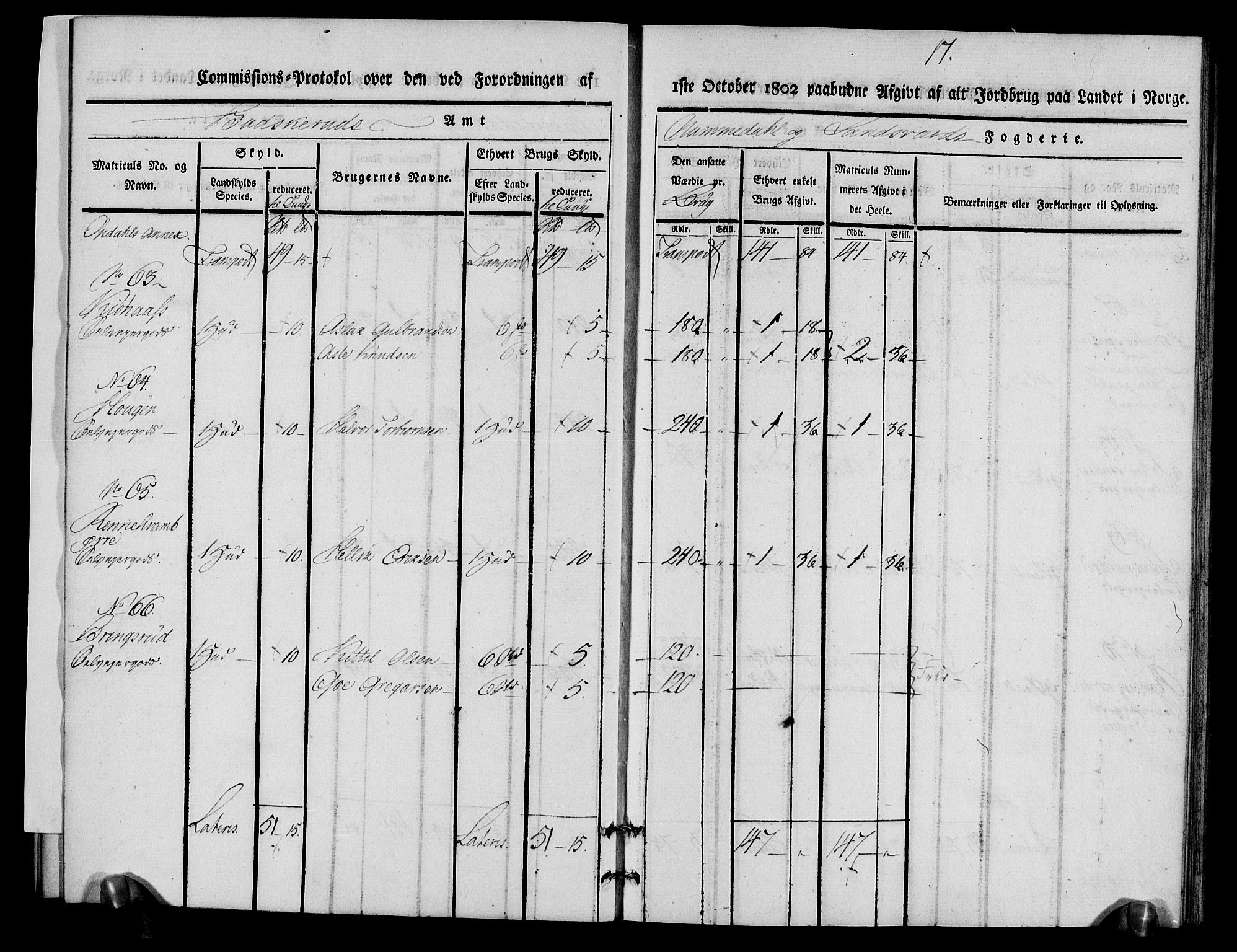 Rentekammeret inntil 1814, Realistisk ordnet avdeling, AV/RA-EA-4070/N/Ne/Nea/L0056b: Numedal og Sandsvær fogderi. Kommisjonsprotokoll over matrikulerte jordbruk i Uvdal og Nore annekser, 1803, s. 17