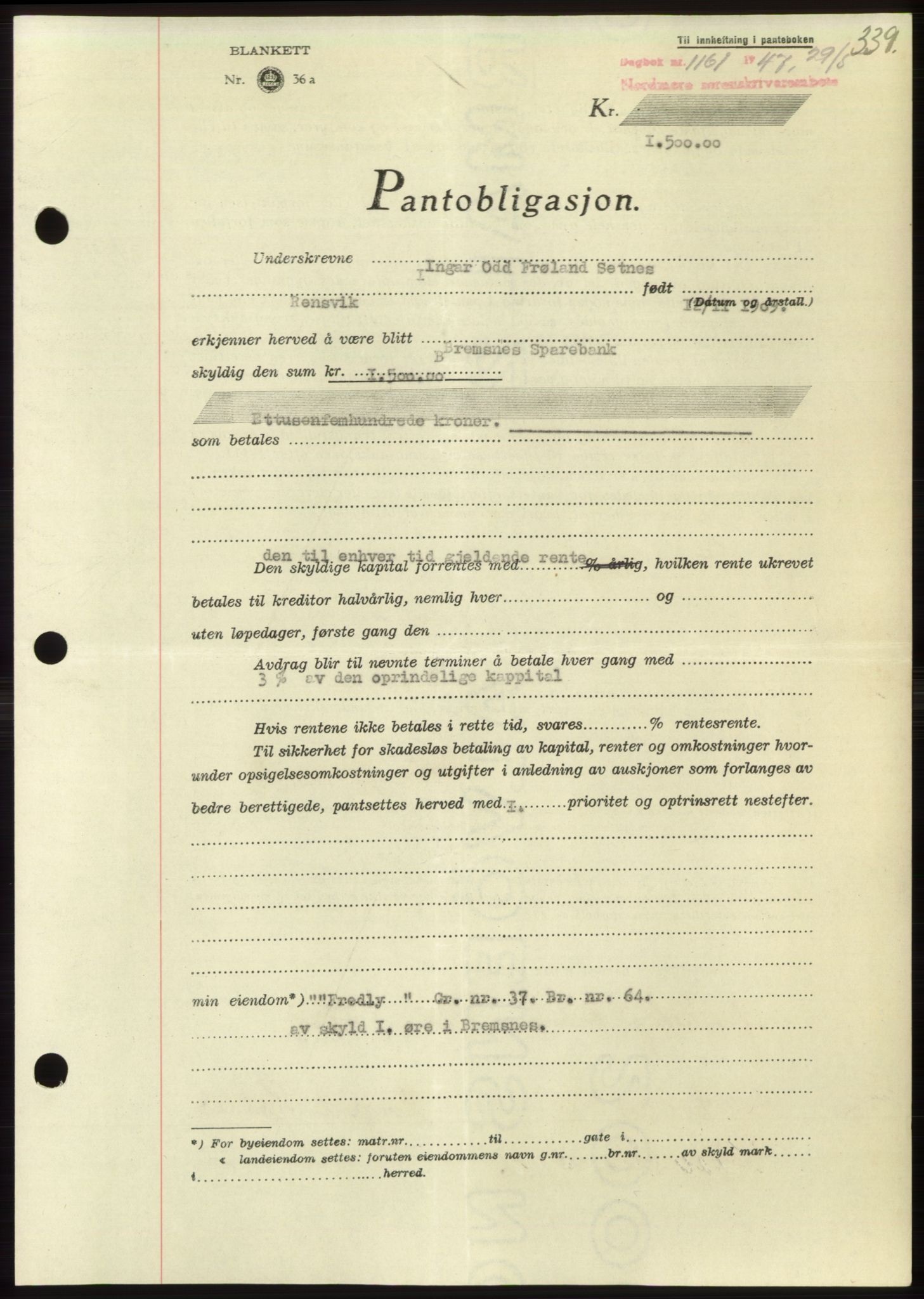 Nordmøre sorenskriveri, AV/SAT-A-4132/1/2/2Ca: Pantebok nr. B96, 1947-1947, Dagboknr: 1161/1947