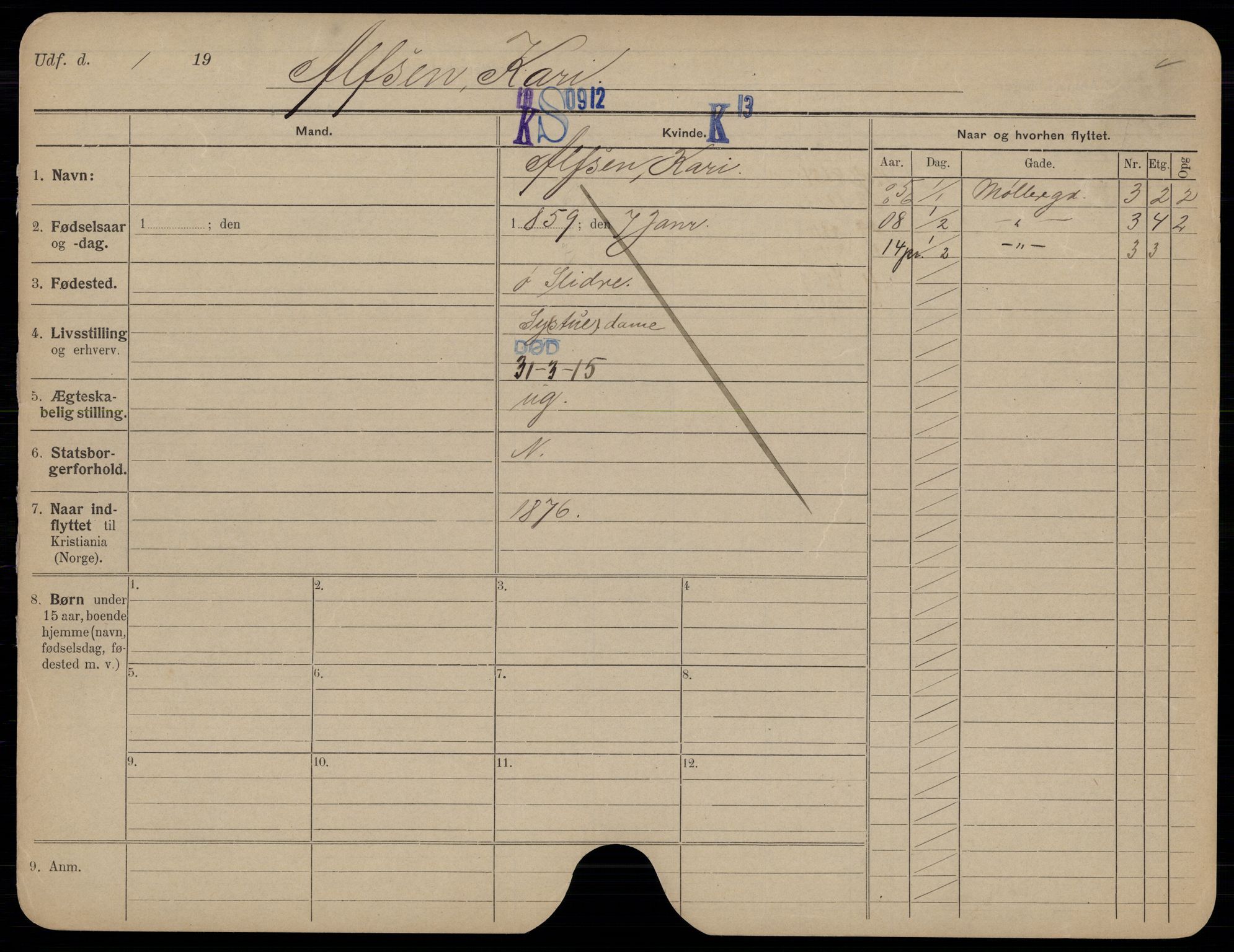 Oslo folkeregister, Registerkort, AV/SAO-A-11715/G/Gb/L0020: Kvinner, 1915