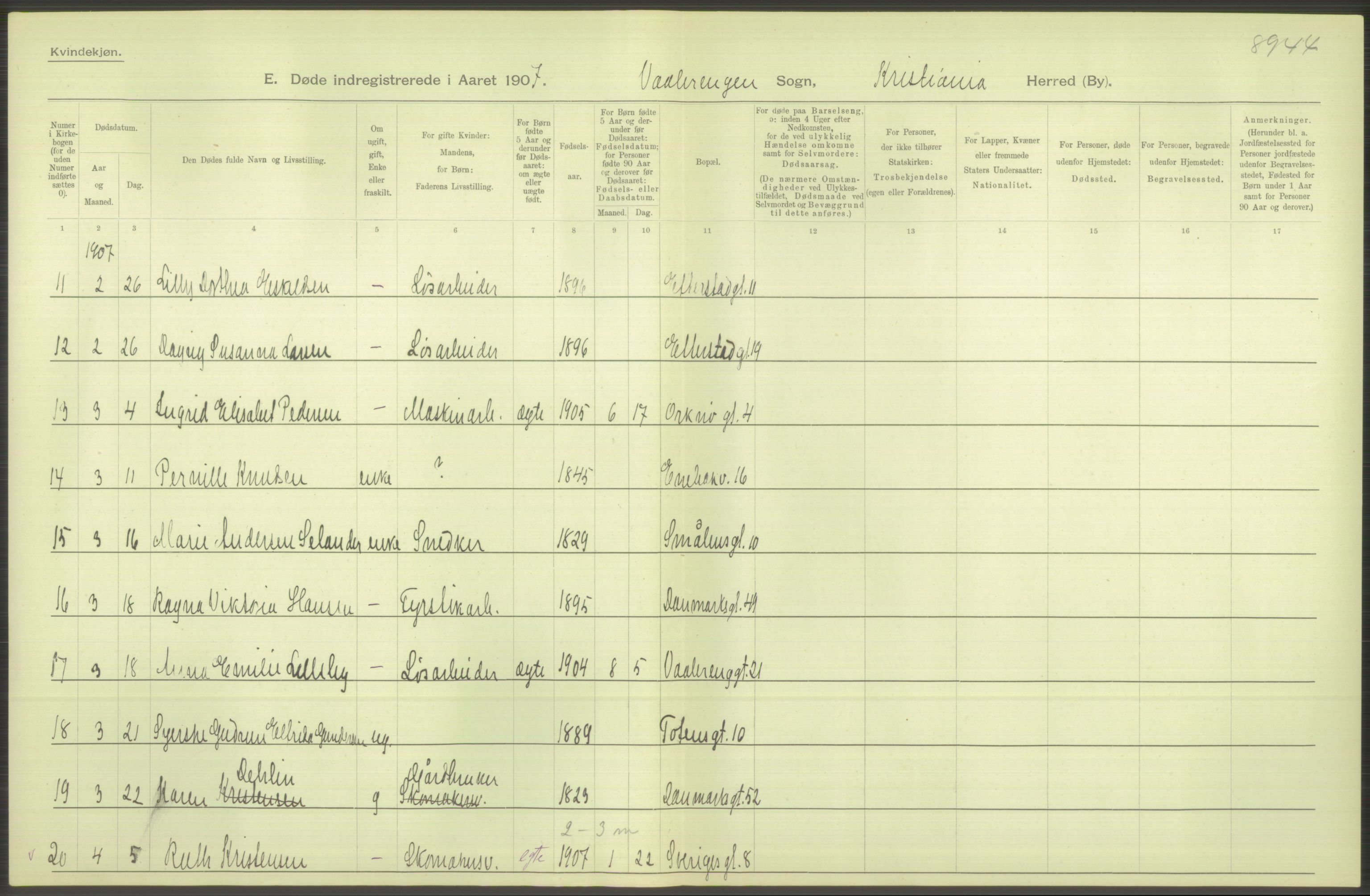 Statistisk sentralbyrå, Sosiodemografiske emner, Befolkning, AV/RA-S-2228/D/Df/Dfa/Dfae/L0009: Kristiania: Døde, 1907, s. 520