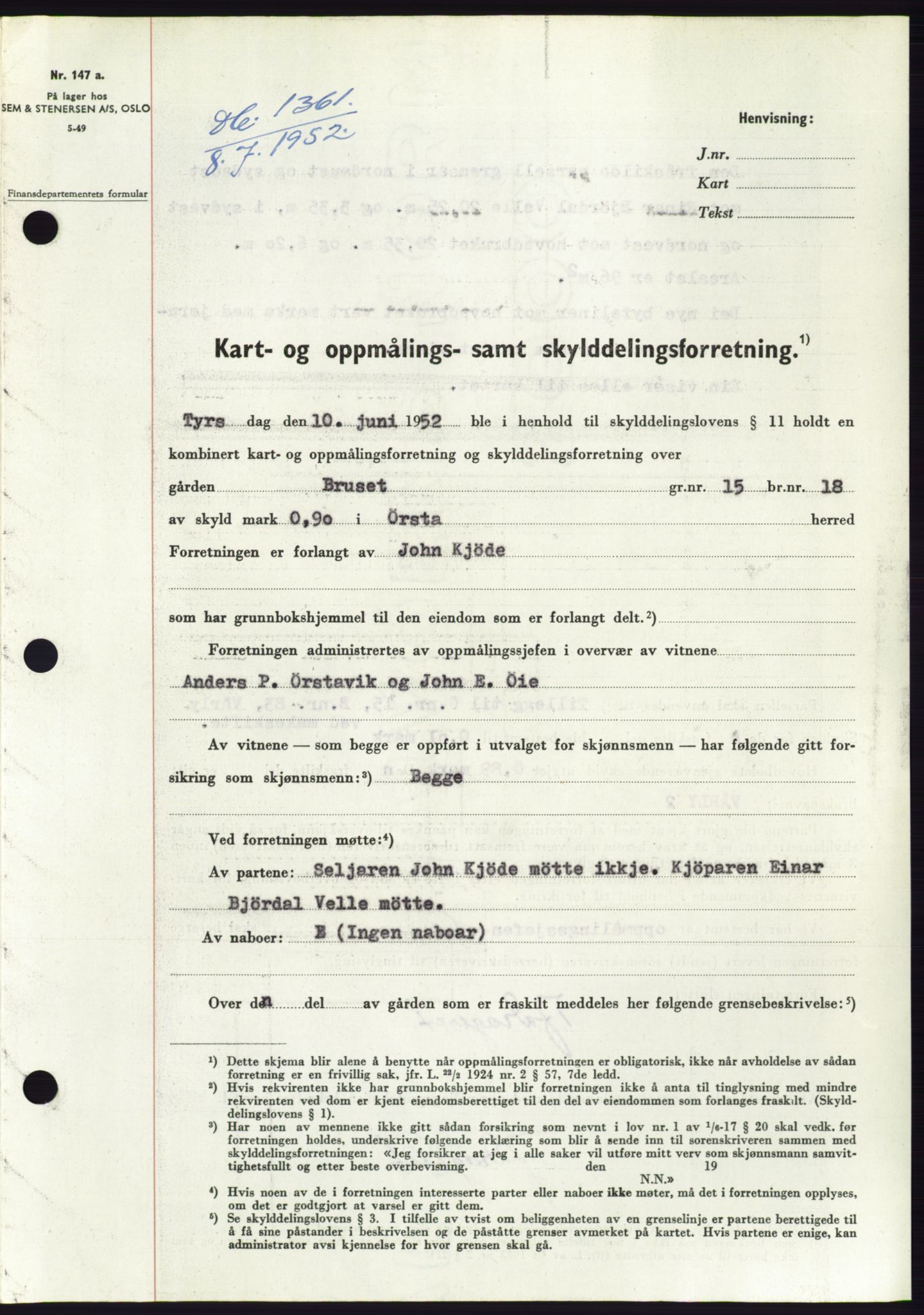 Søre Sunnmøre sorenskriveri, AV/SAT-A-4122/1/2/2C/L0092: Pantebok nr. 18A, 1952-1952, Dagboknr: 1361/1952
