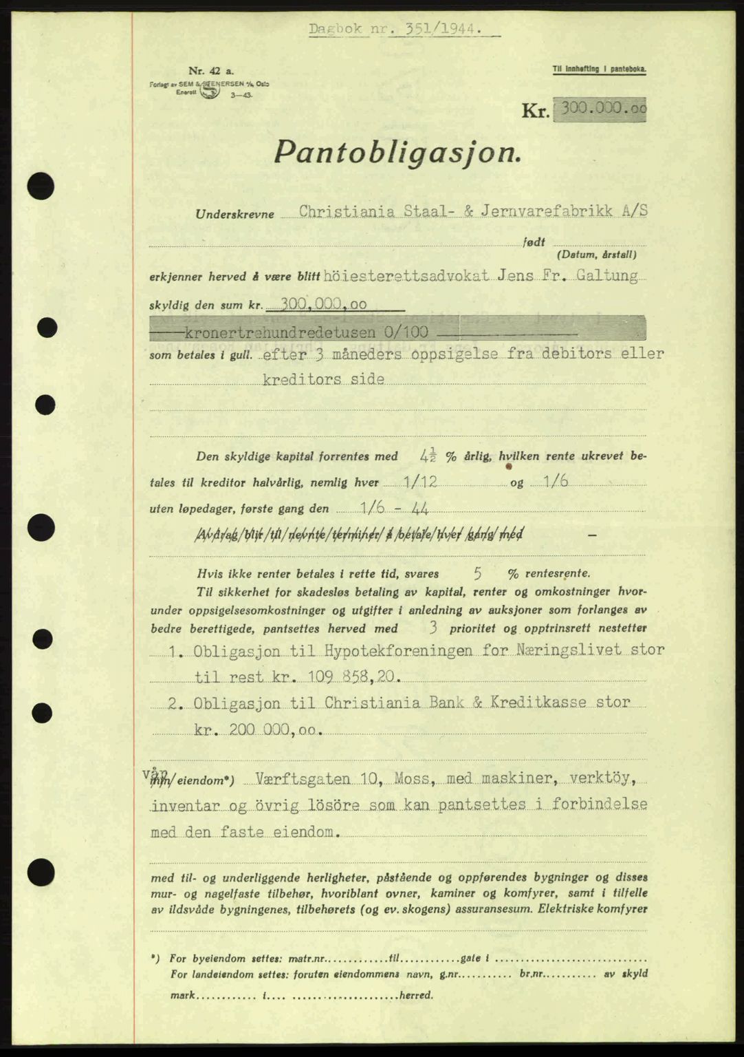 Moss sorenskriveri, SAO/A-10168: Pantebok nr. B13, 1943-1945, Dagboknr: 351/1944
