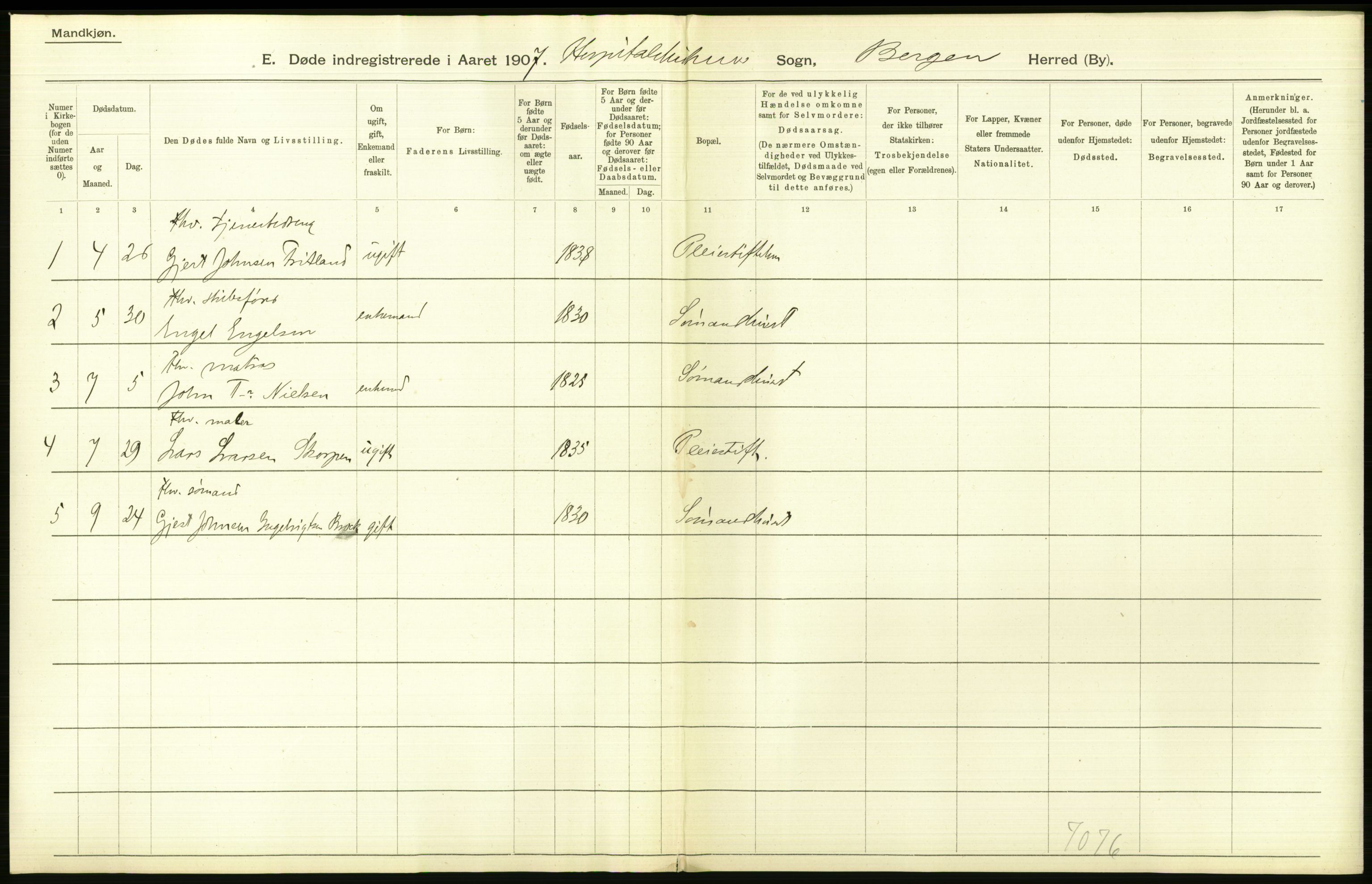 Statistisk sentralbyrå, Sosiodemografiske emner, Befolkning, AV/RA-S-2228/D/Df/Dfa/Dfae/L0031: Bergen: gifte, døde, dødfødte., 1907, s. 296