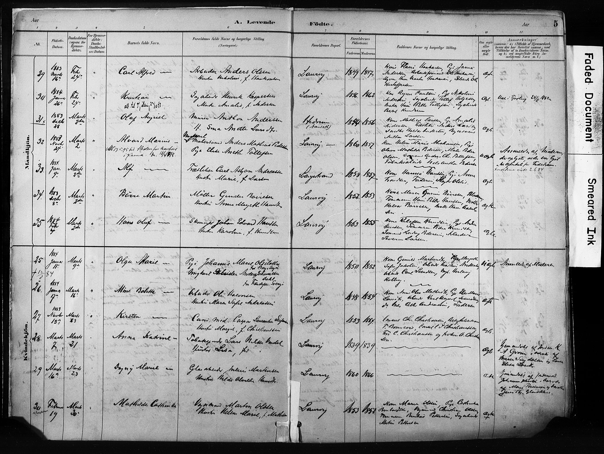 Larvik kirkebøker, AV/SAKO-A-352/F/Fa/L0009: Ministerialbok nr. I 9, 1884-1904, s. 5