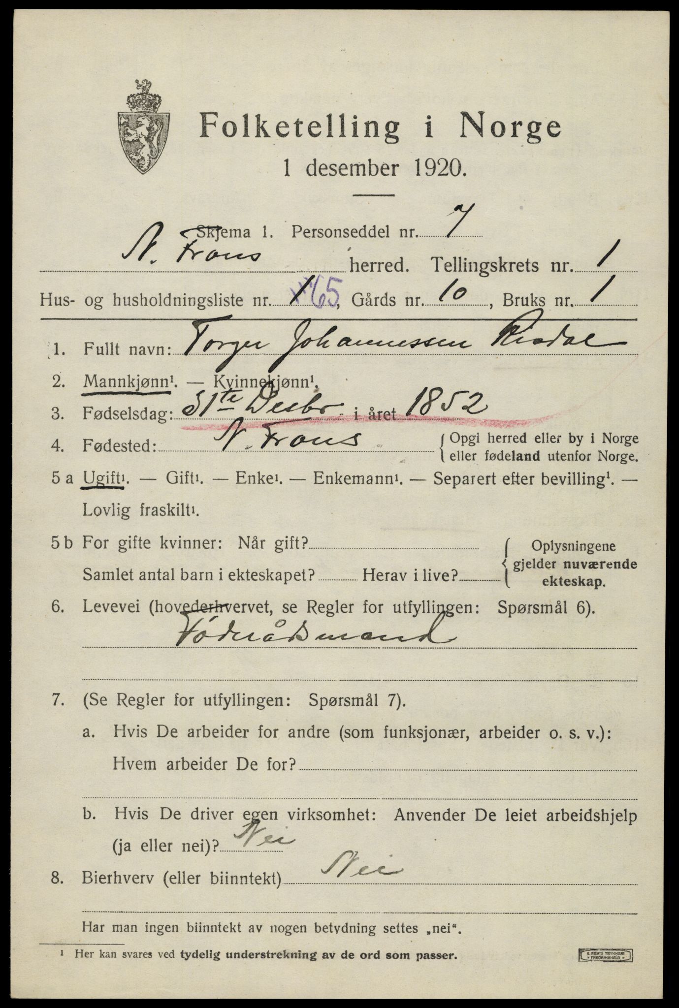 SAH, Folketelling 1920 for 0518 Nord-Fron herred, 1920, s. 2396