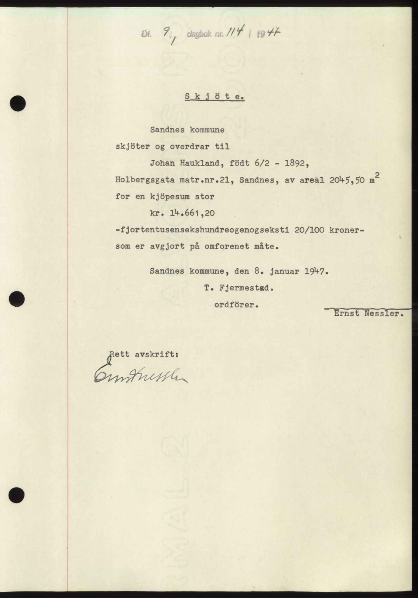 Jæren sorenskriveri, SAST/A-100310/03/G/Gba/L0093: Pantebok, 1947-1947, Dagboknr: 114/1947
