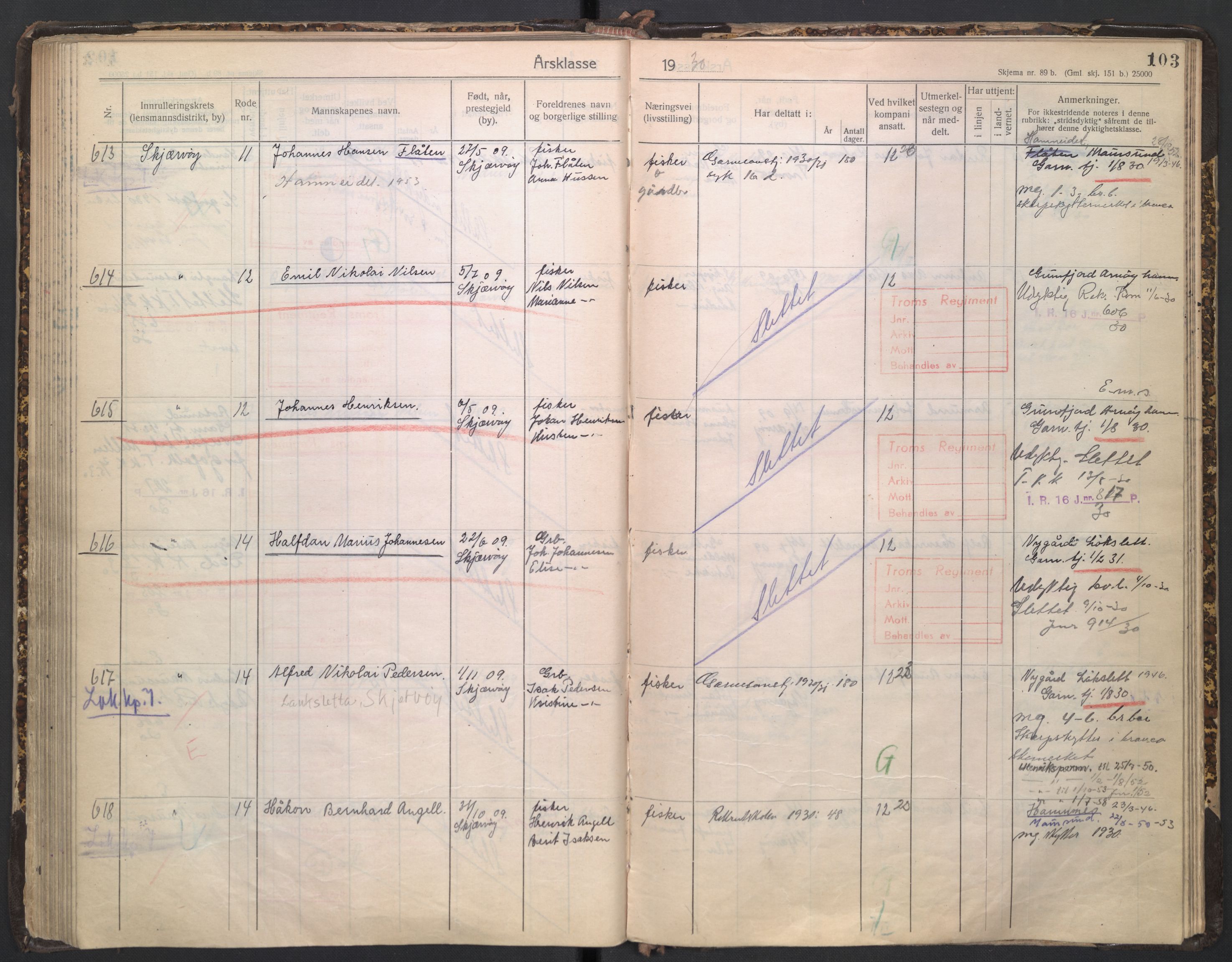 Forsvaret, Troms infanteriregiment nr. 16, AV/RA-RAFA-3146/P/Pa/L0005/0003: Ruller / Rulle for regimentets stridende menige mannskaper, årsklasse 1930, 1930, s. 103