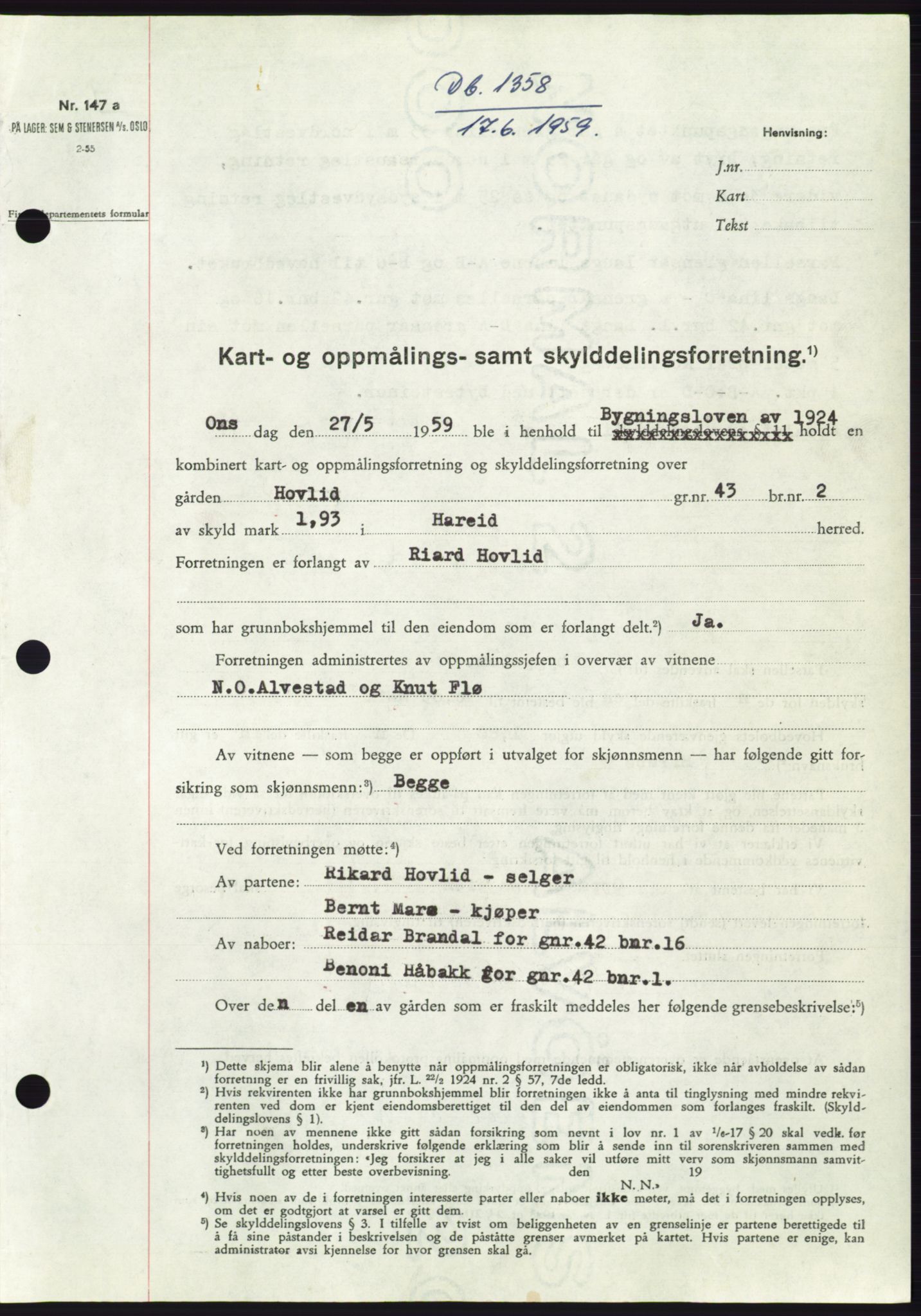 Søre Sunnmøre sorenskriveri, SAT/A-4122/1/2/2C/L0112: Pantebok nr. 38A, 1959-1959, Dagboknr: 1358/1959