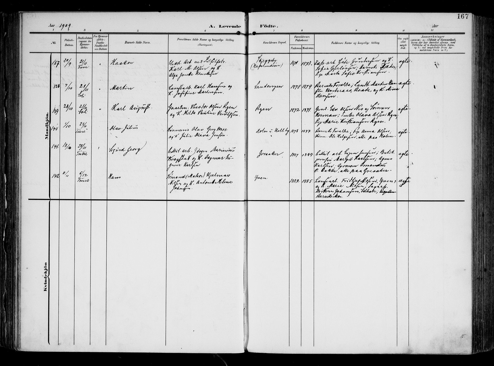 Tune prestekontor Kirkebøker, AV/SAO-A-2007/F/Fa/L0020: Ministerialbok nr. 20, 1904-1909, s. 167