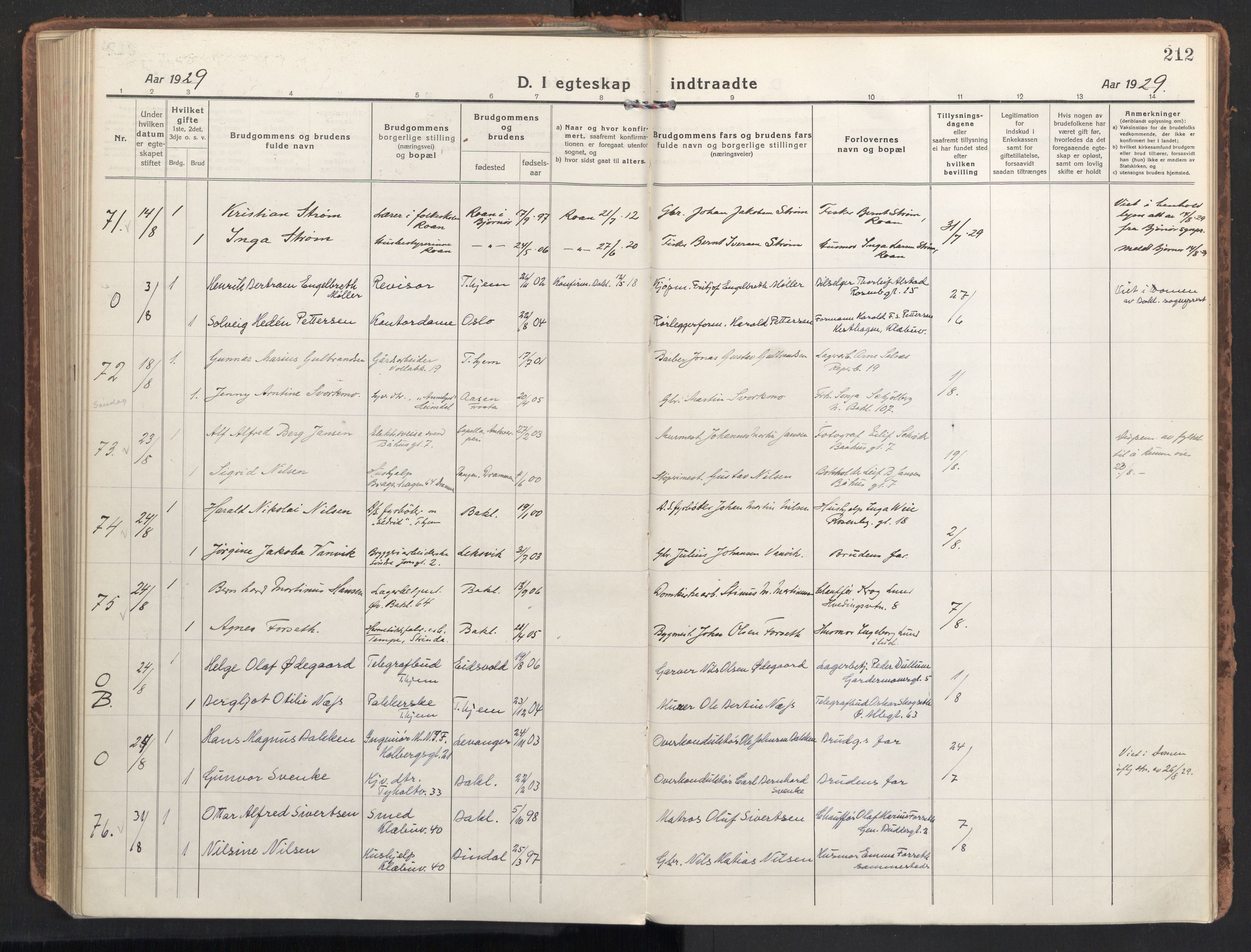 Ministerialprotokoller, klokkerbøker og fødselsregistre - Sør-Trøndelag, AV/SAT-A-1456/604/L0206: Ministerialbok nr. 604A26, 1917-1931, s. 212