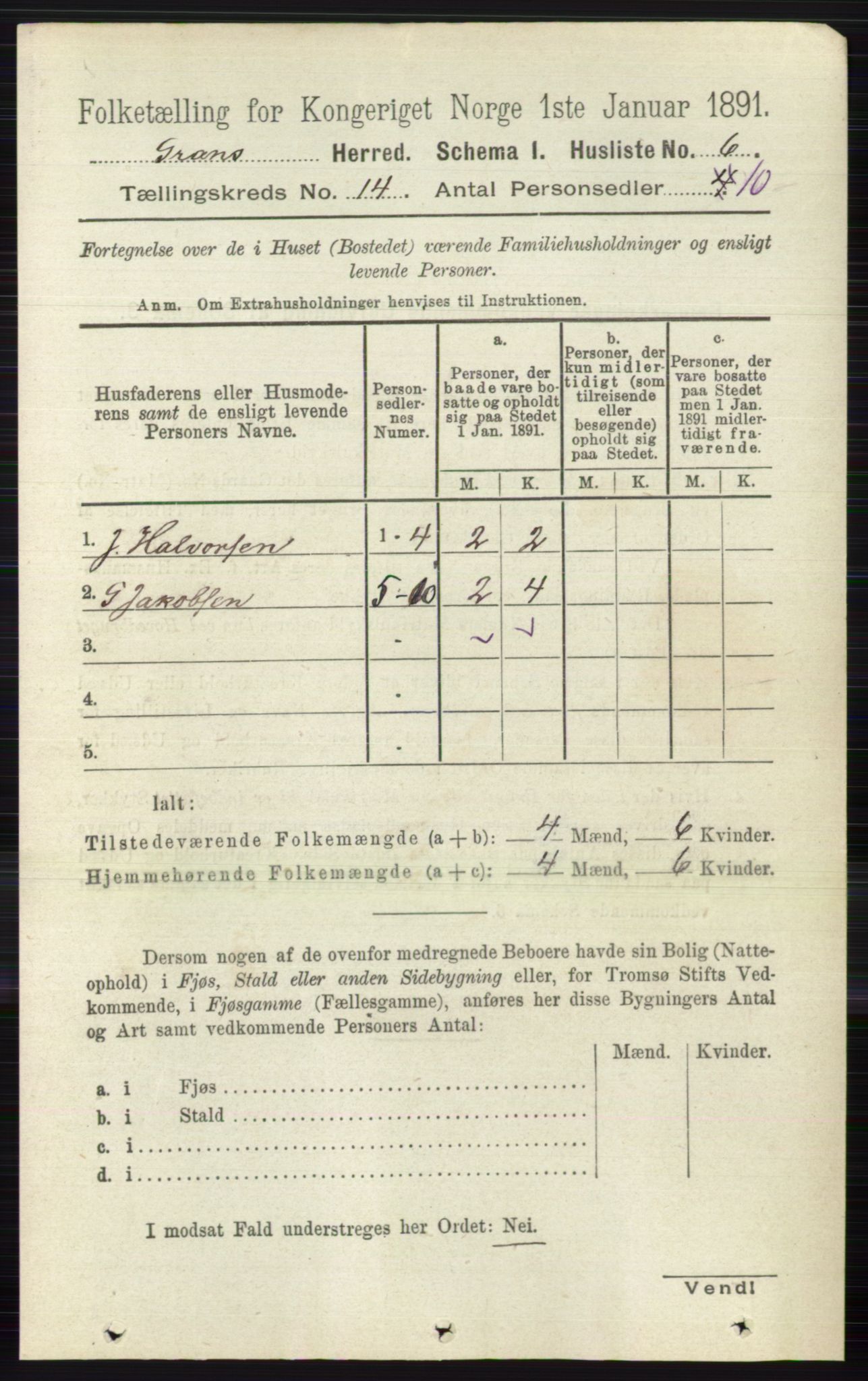 RA, Folketelling 1891 for 0534 Gran herred, 1891, s. 6884