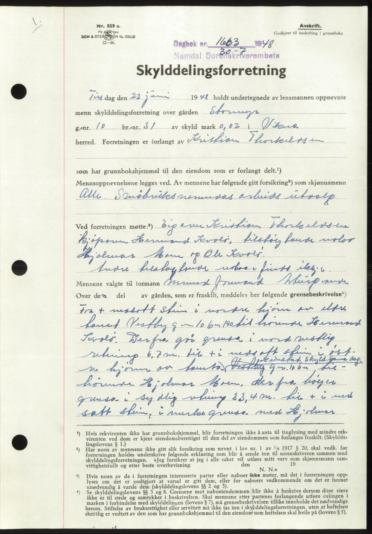 Namdal sorenskriveri, SAT/A-4133/1/2/2C: Pantebok nr. -, 1948-1948, Dagboknr: 1663/1948