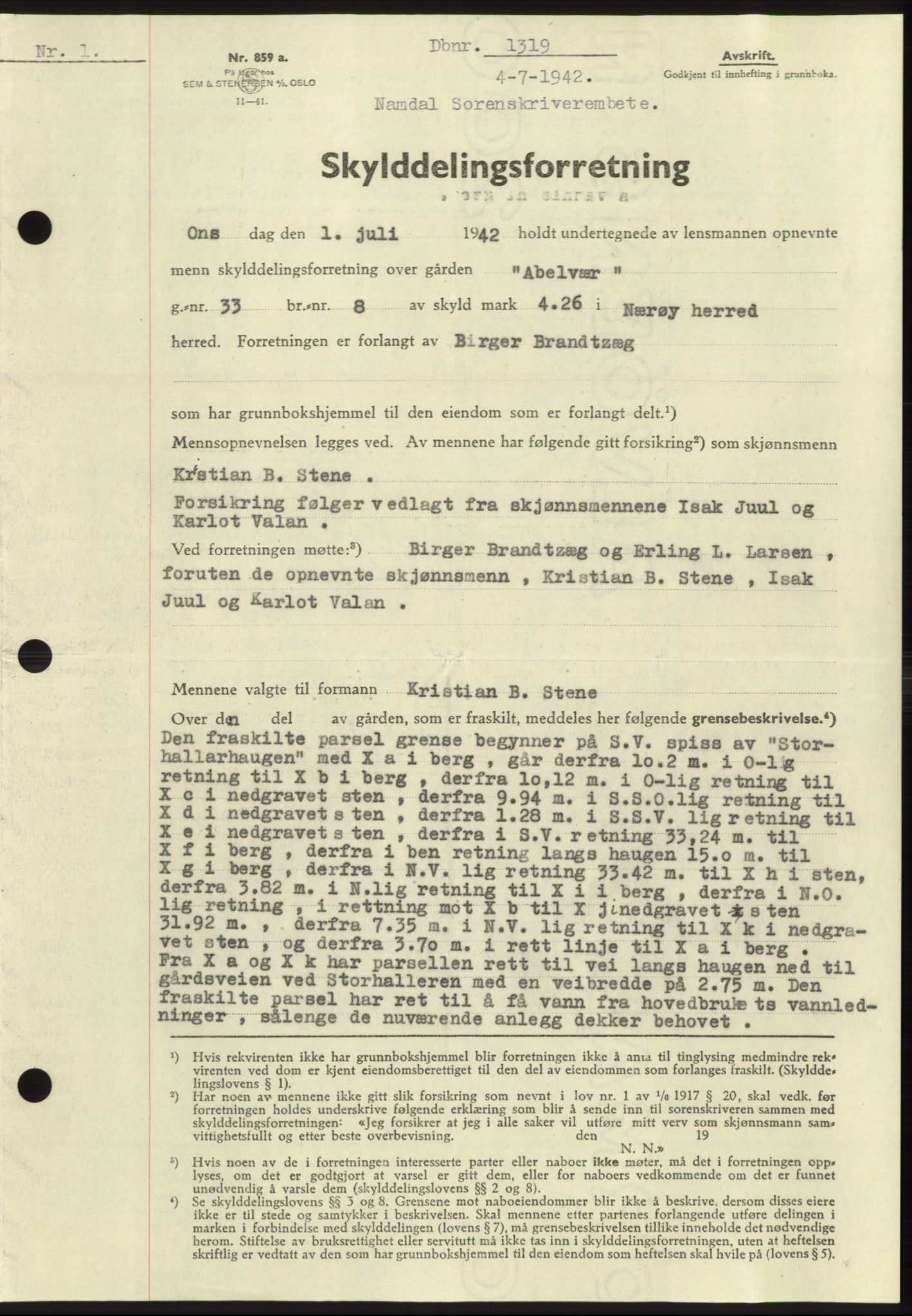 Namdal sorenskriveri, SAT/A-4133/1/2/2C: Pantebok nr. -, 1942-1943, Dagboknr: 1319/1942