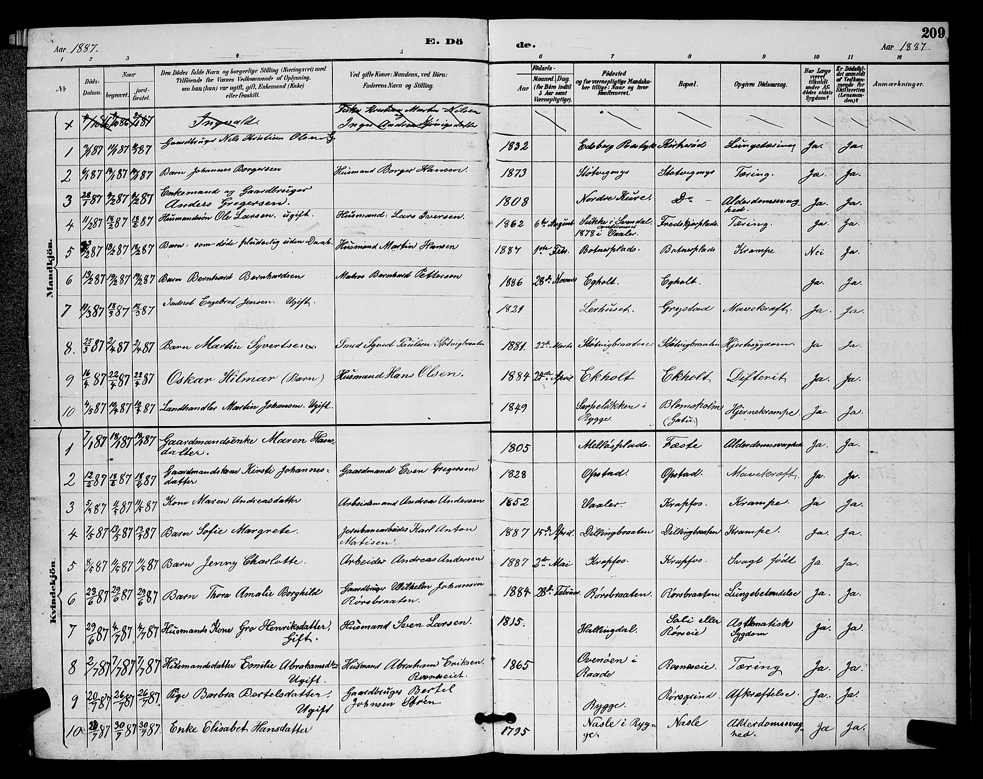 Rygge prestekontor Kirkebøker, AV/SAO-A-10084b/G/Ga/L0002: Klokkerbok nr. 2, 1887-1905, s. 209