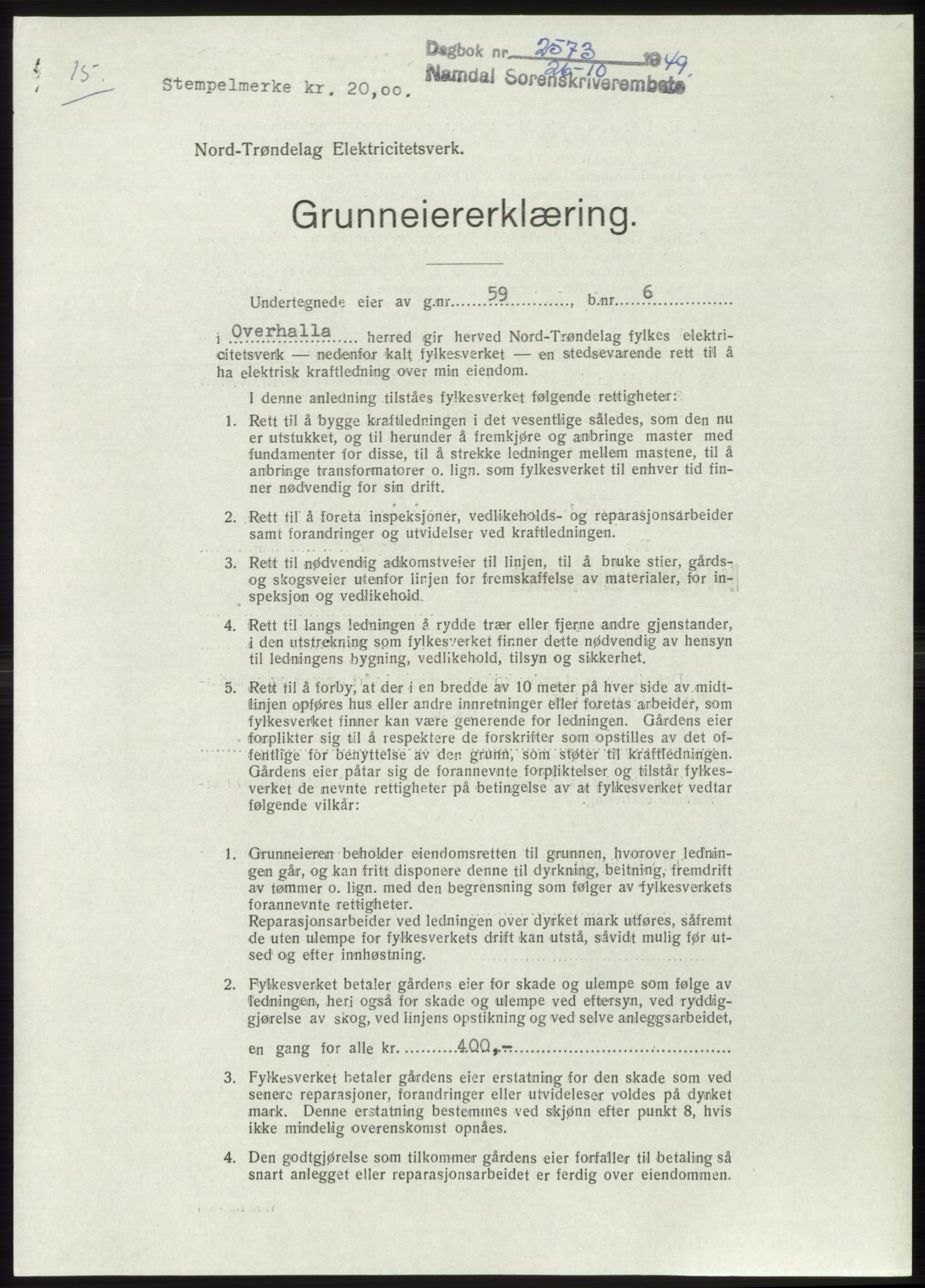 Namdal sorenskriveri, SAT/A-4133/1/2/2C: Pantebok nr. -, 1949-1949, Dagboknr: 2573/1949