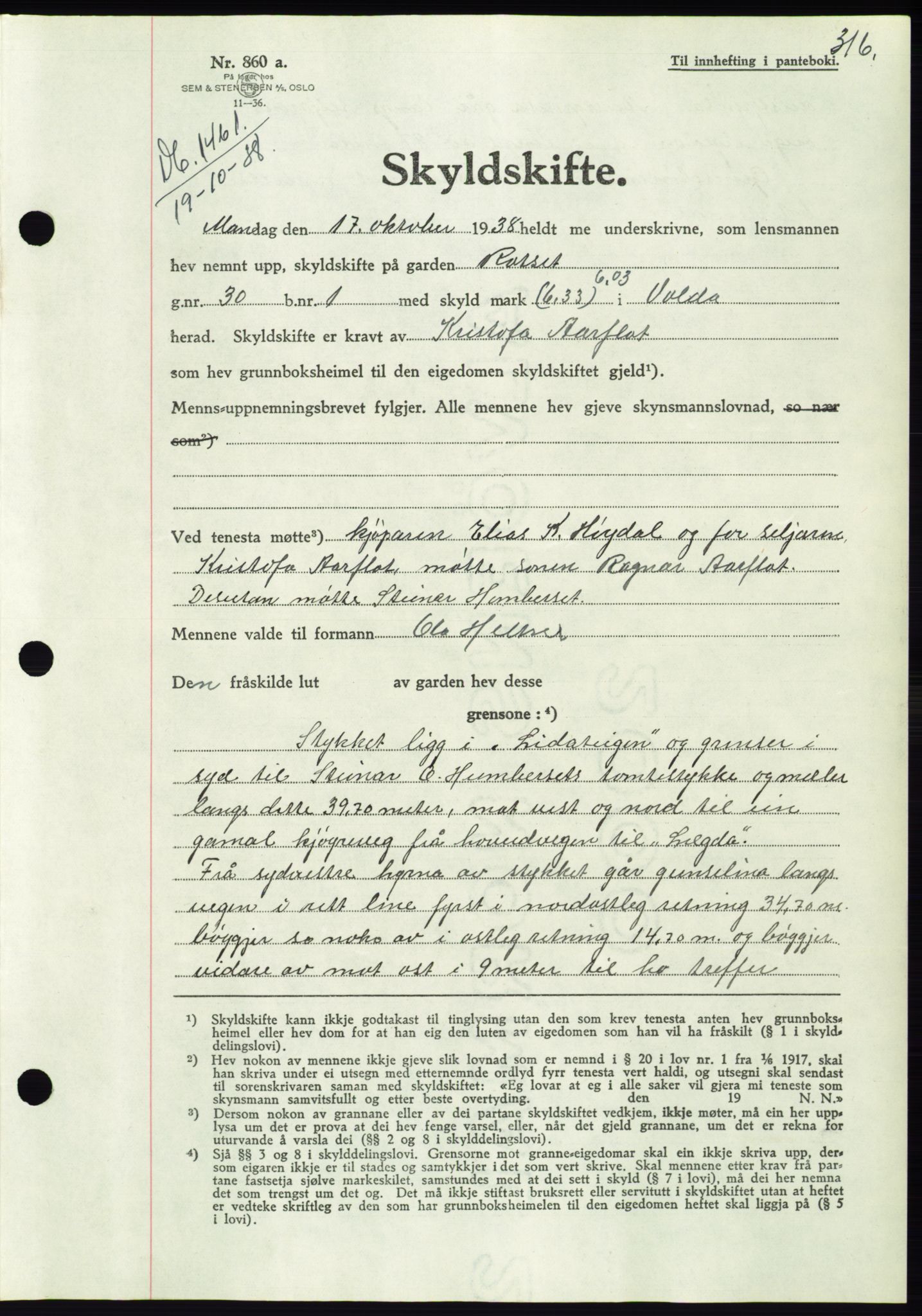 Søre Sunnmøre sorenskriveri, AV/SAT-A-4122/1/2/2C/L0066: Pantebok nr. 60, 1938-1938, Dagboknr: 1461/1938