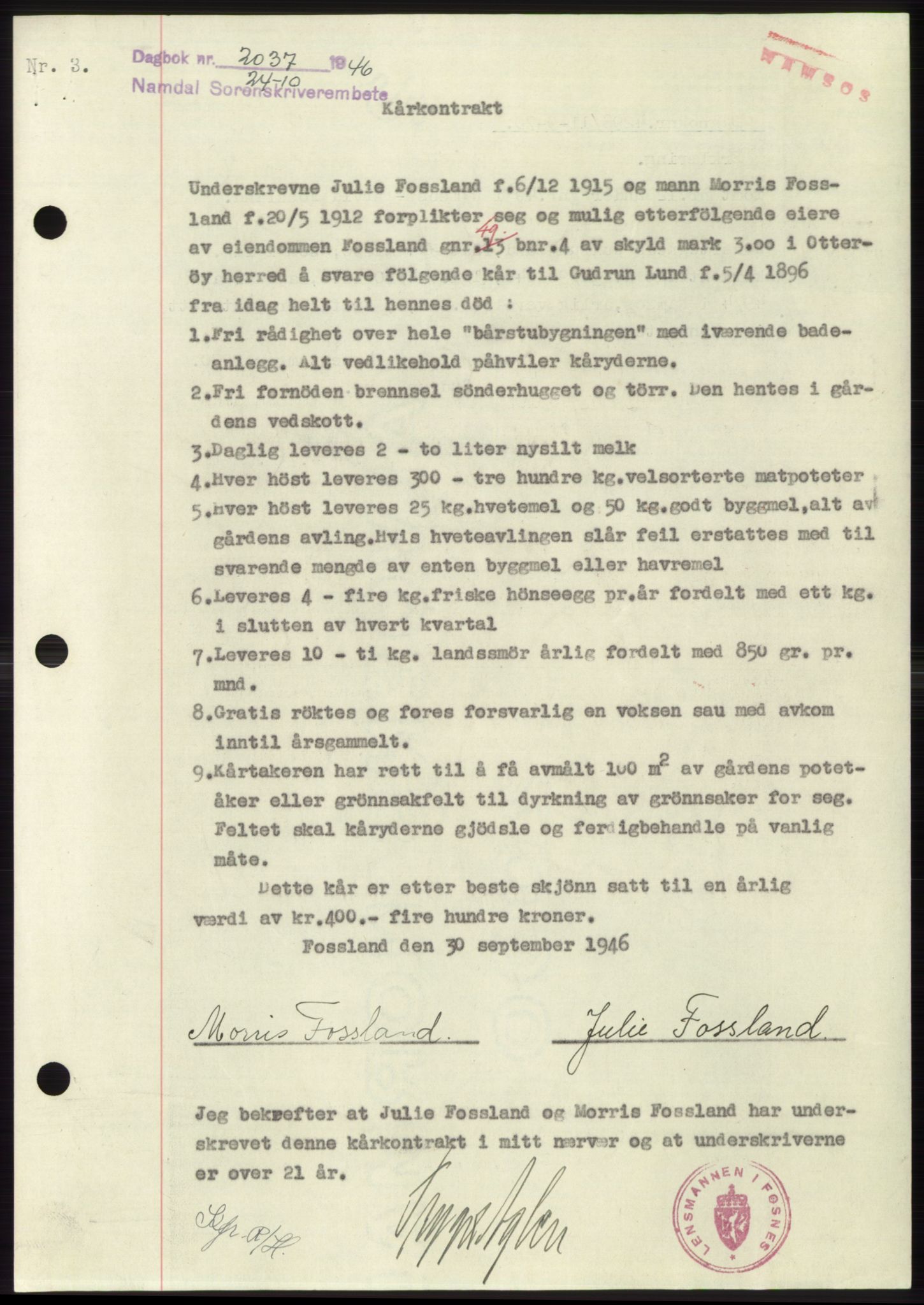 Namdal sorenskriveri, SAT/A-4133/1/2/2C: Pantebok nr. -, 1946-1947, Dagboknr: 2037/1946
