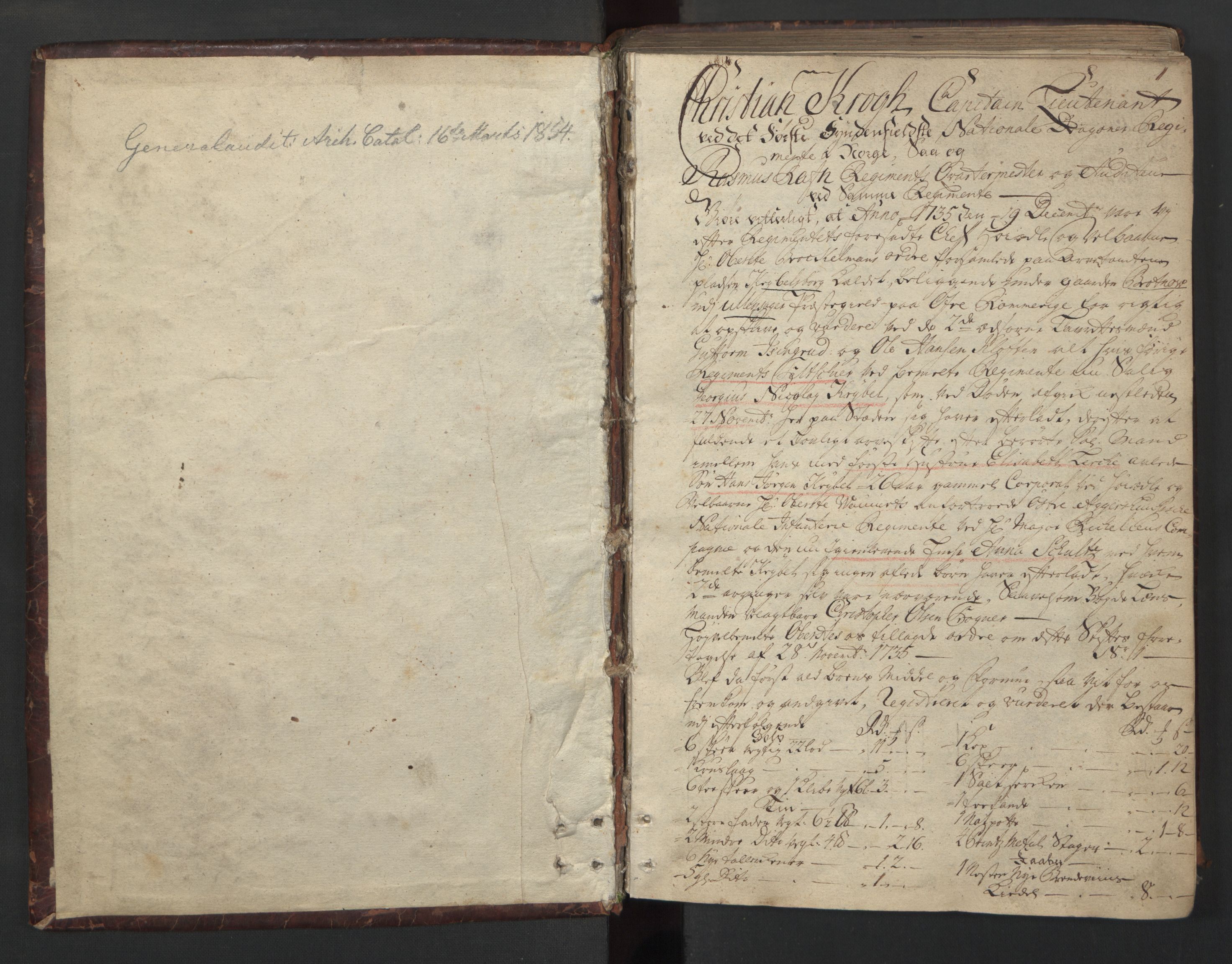 Forsvaret, Generalauditøren, AV/RA-RAFA-1772/F/Fj/Fjc/L0006: Skifteprotokol for 1ste søndenfjeldske dragonregiment, 1735-1763, s. 1
