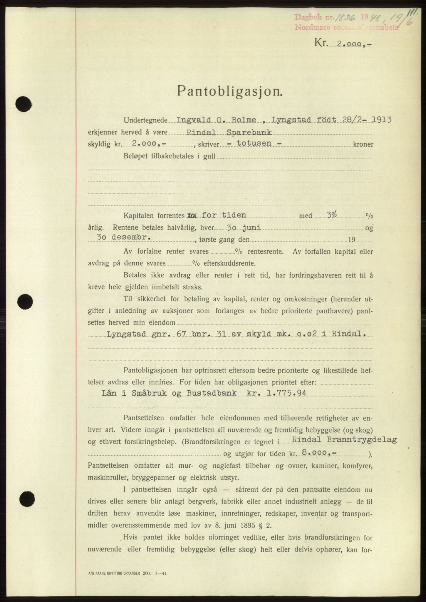 Nordmøre sorenskriveri, AV/SAT-A-4132/1/2/2Ca: Pantebok nr. B99, 1948-1948, Dagboknr: 1836/1948