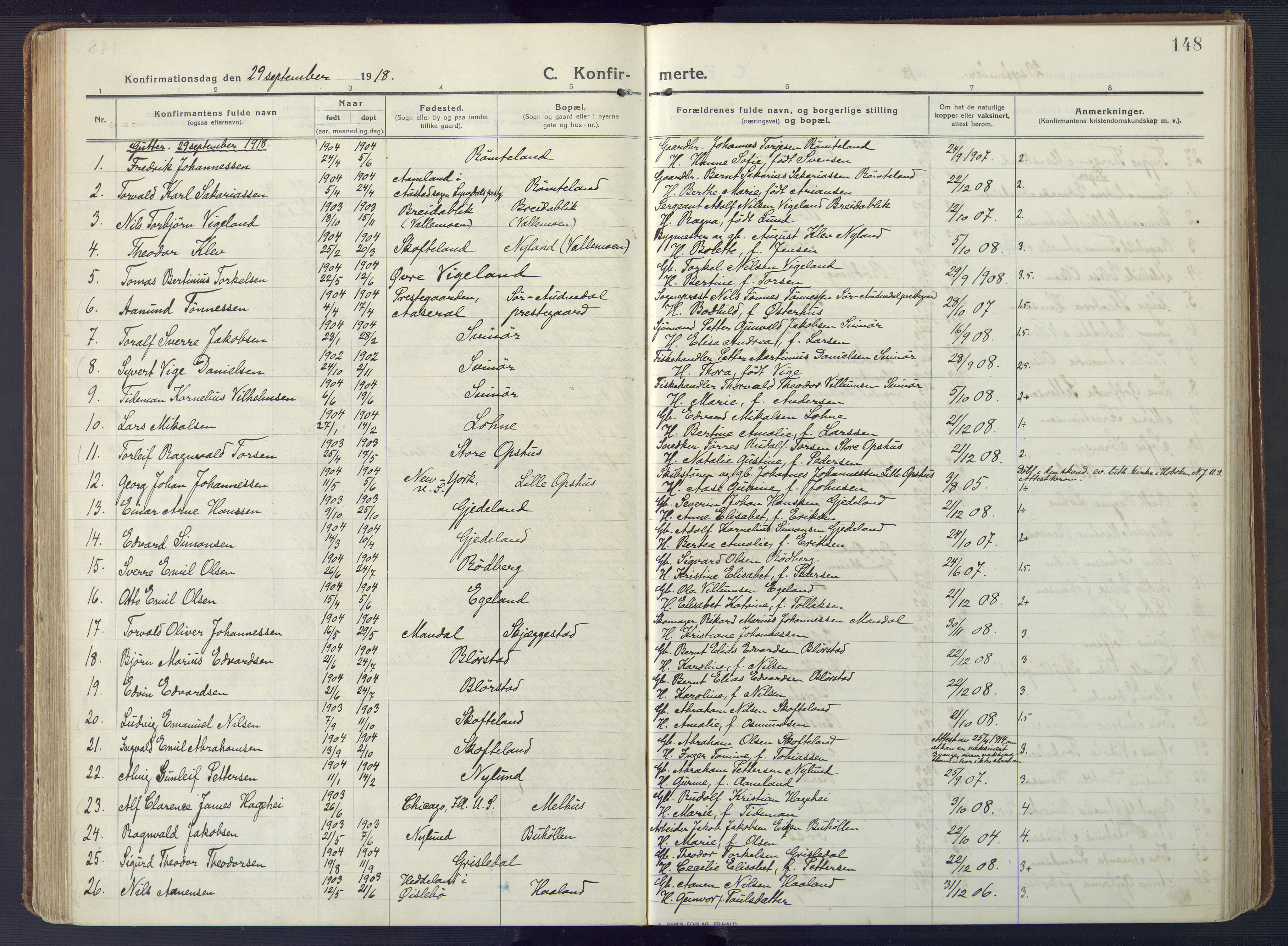 Sør-Audnedal sokneprestkontor, SAK/1111-0039/F/Fa/Fab/L0011: Ministerialbok nr. A 11, 1912-1938, s. 148