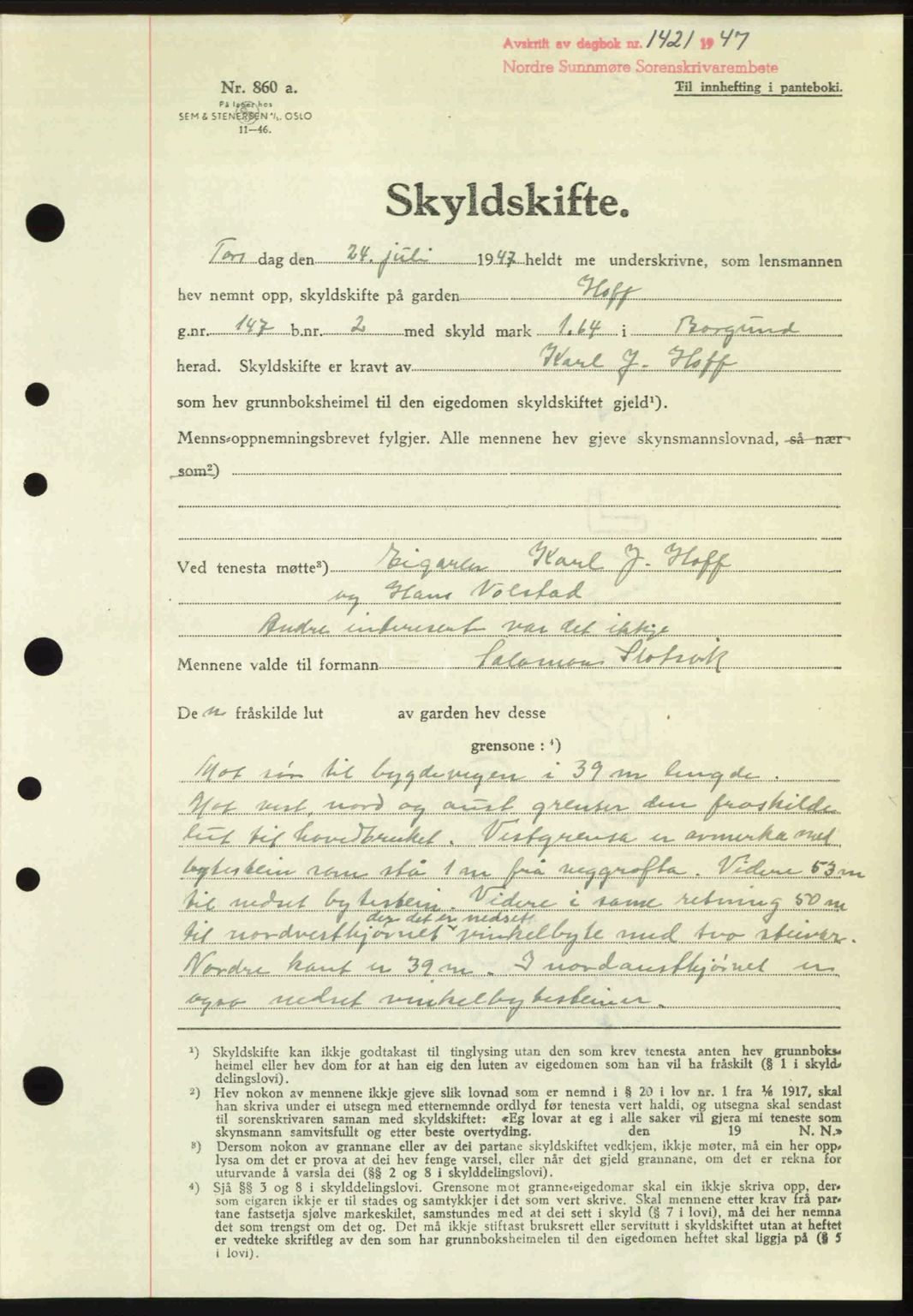 Nordre Sunnmøre sorenskriveri, AV/SAT-A-0006/1/2/2C/2Ca: Pantebok nr. A25, 1947-1947, Dagboknr: 1421/1947