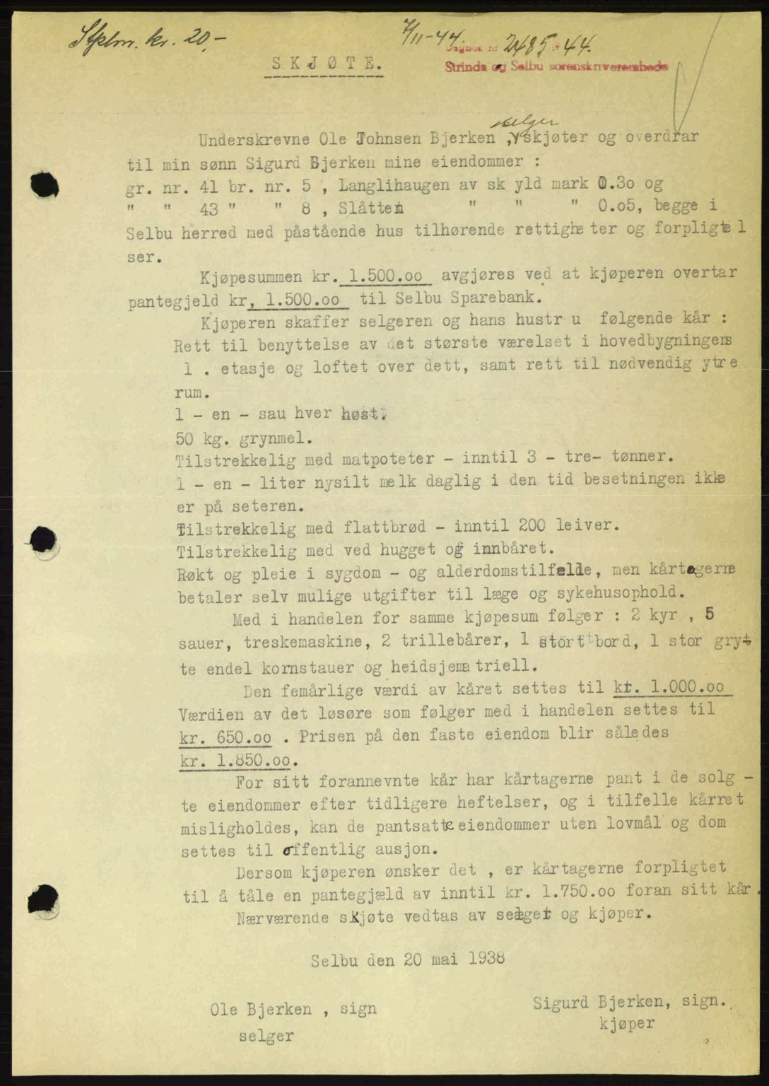 Strinda og Selbu sorenskriveri, SAT/A-0015/2/2C: Pantebok nr. A9, 1944-1945, Dagboknr: 2485/1944