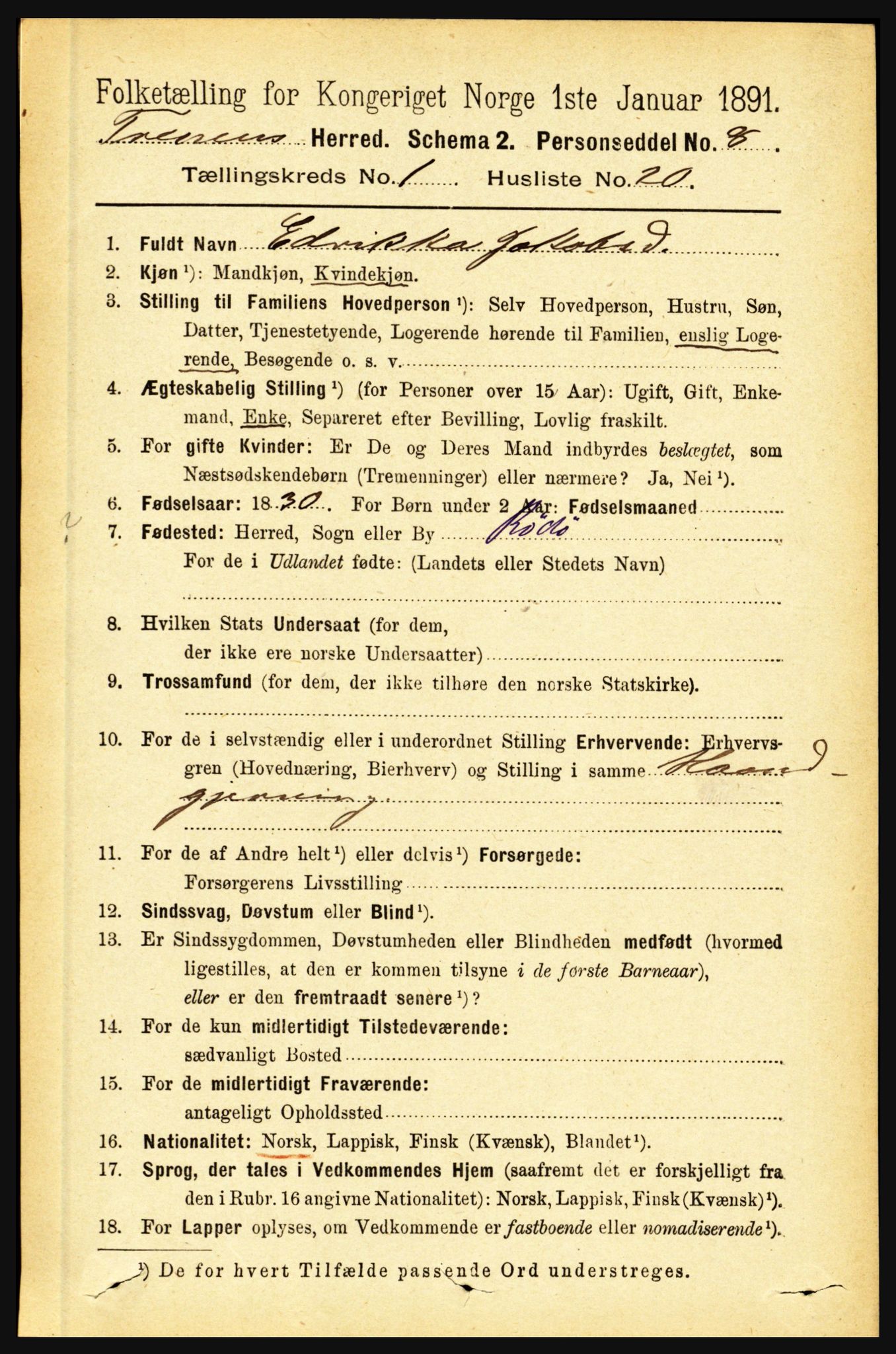 RA, Folketelling 1891 for 1835 Træna herred, 1891, s. 185