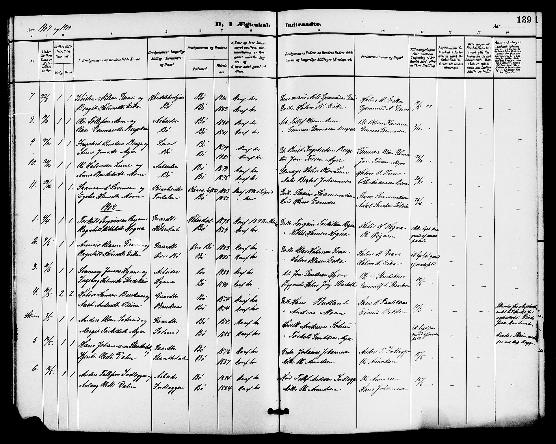 Bø kirkebøker, AV/SAKO-A-257/G/Ga/L0006: Klokkerbok nr. 6, 1898-1909, s. 139