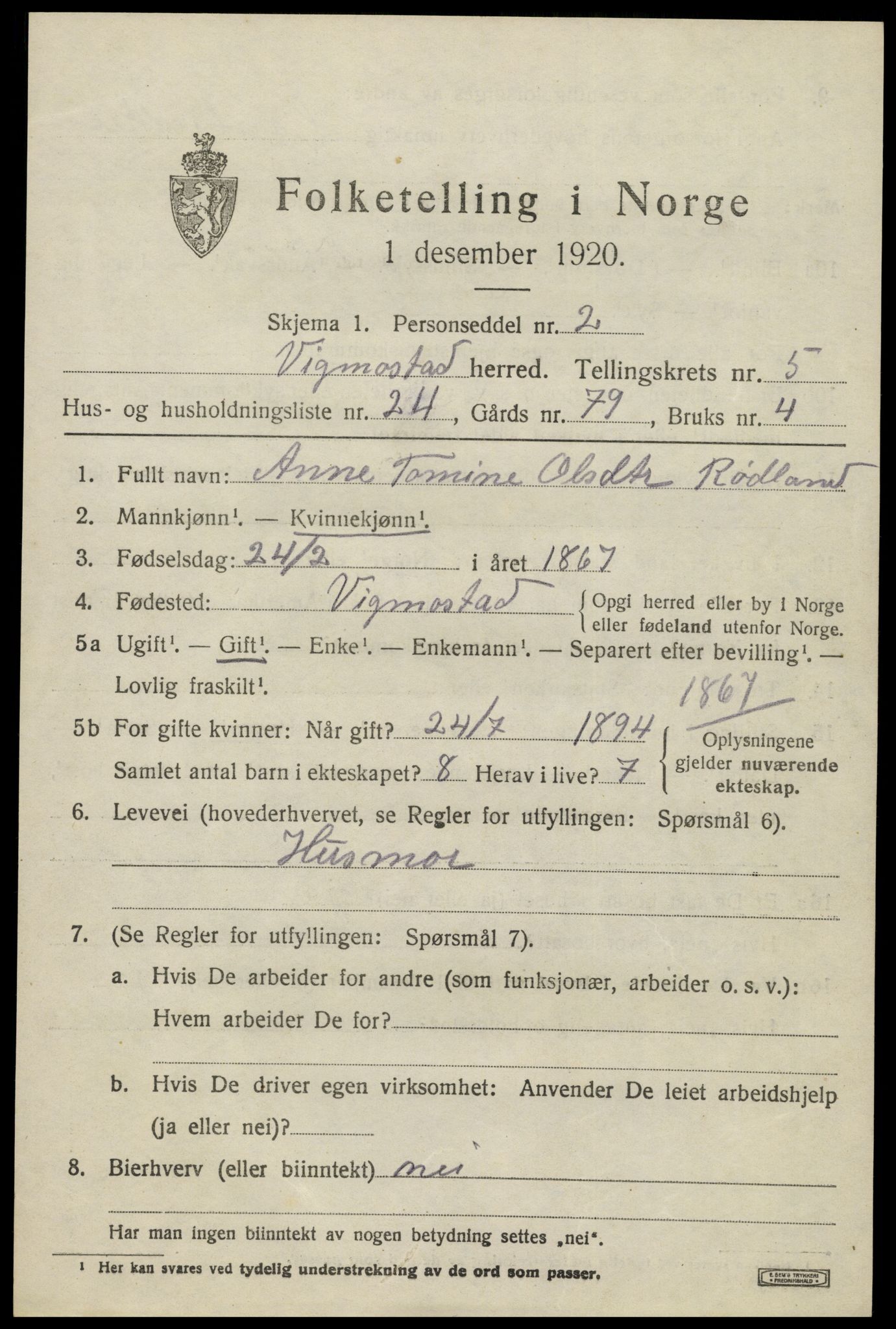 SAK, Folketelling 1920 for 1028 Vigmostad herred, 1920, s. 1901
