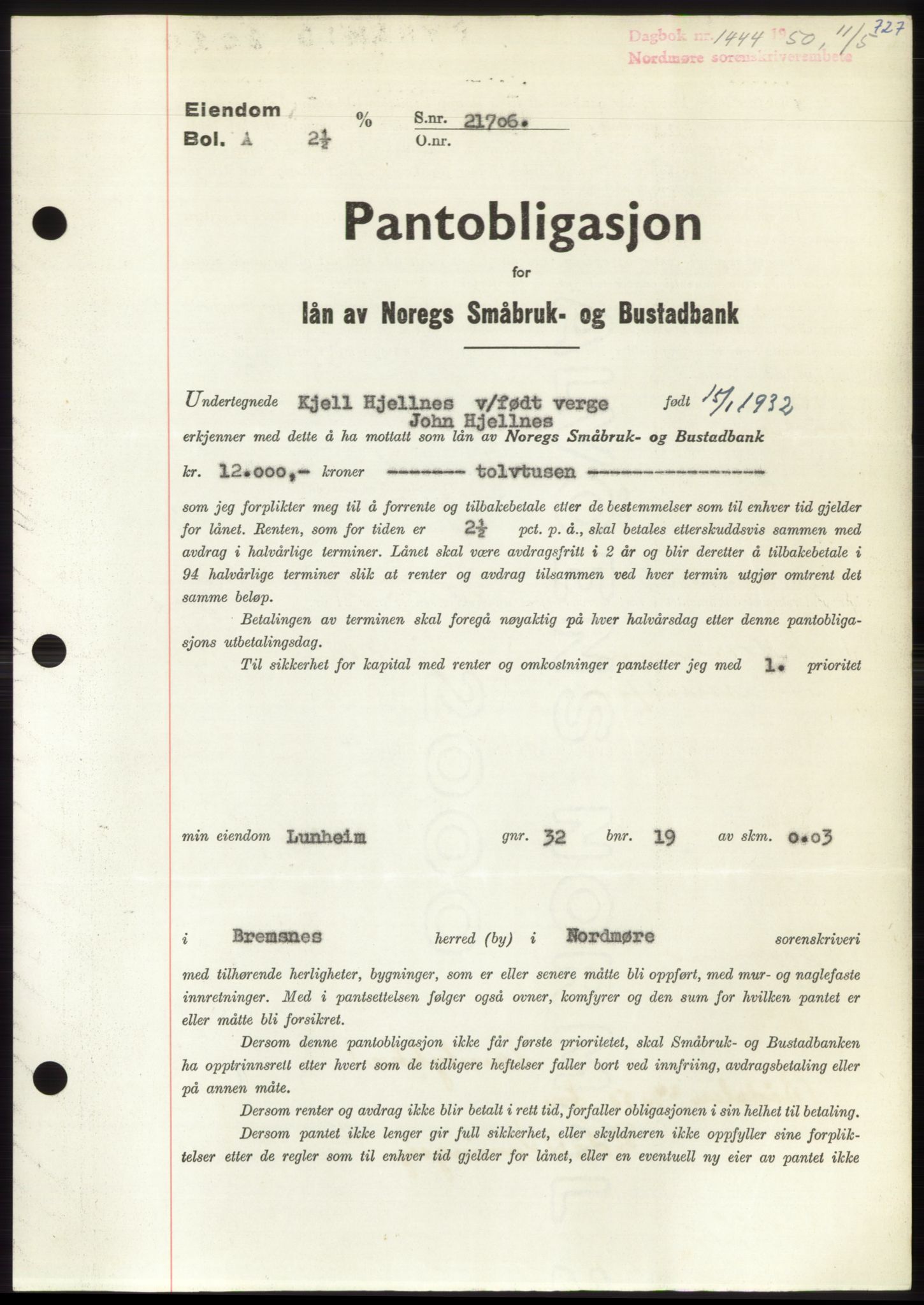 Nordmøre sorenskriveri, SAT/A-4132/1/2/2Ca: Pantebok nr. B104, 1950-1950, Dagboknr: 1444/1950