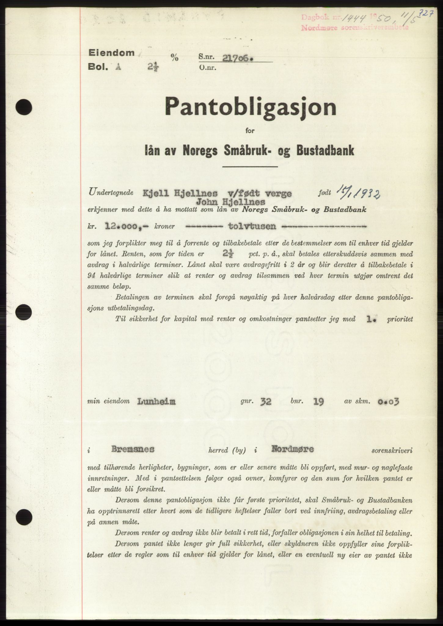 Nordmøre sorenskriveri, AV/SAT-A-4132/1/2/2Ca: Pantebok nr. B104, 1950-1950, Dagboknr: 1444/1950