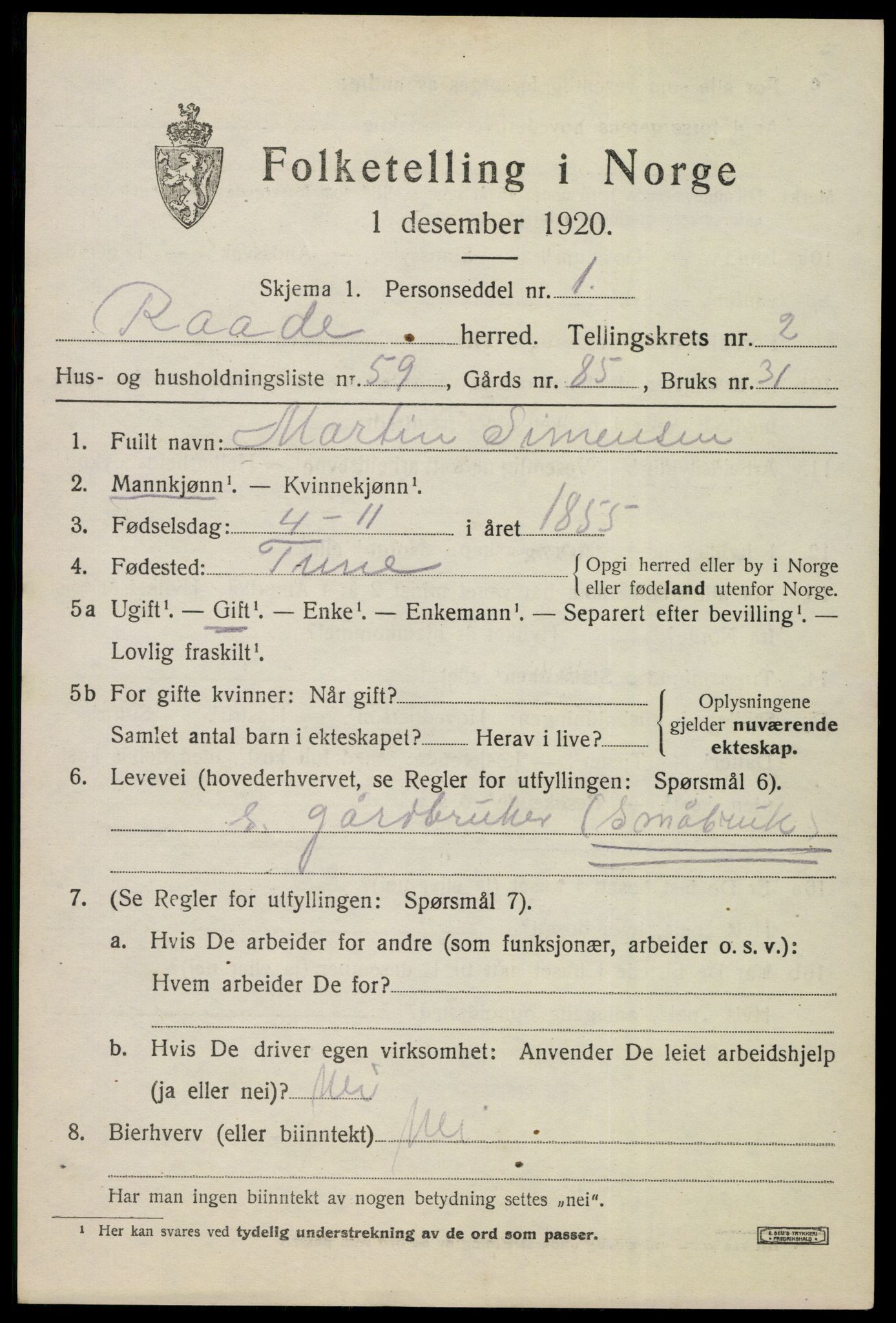 SAO, Folketelling 1920 for 0135 Råde herred, 1920, s. 2743