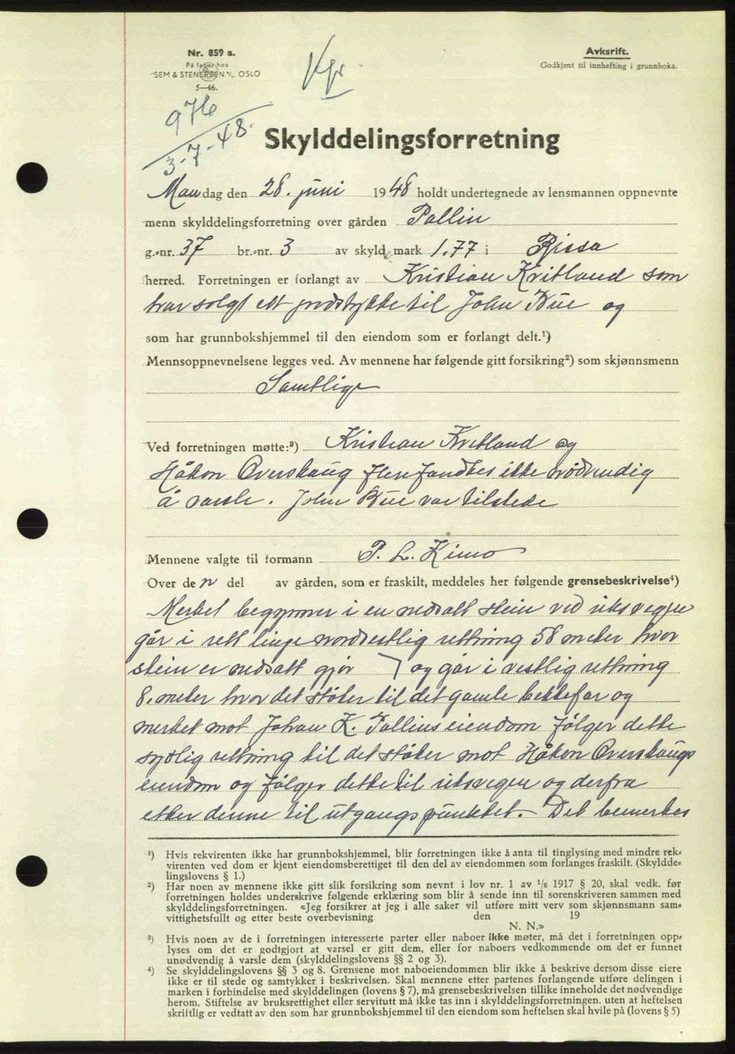 Fosen sorenskriveri, AV/SAT-A-1107/1/2/2C: Pantebok nr. A7-9, 1947-1949, Dagboknr: 976/1948