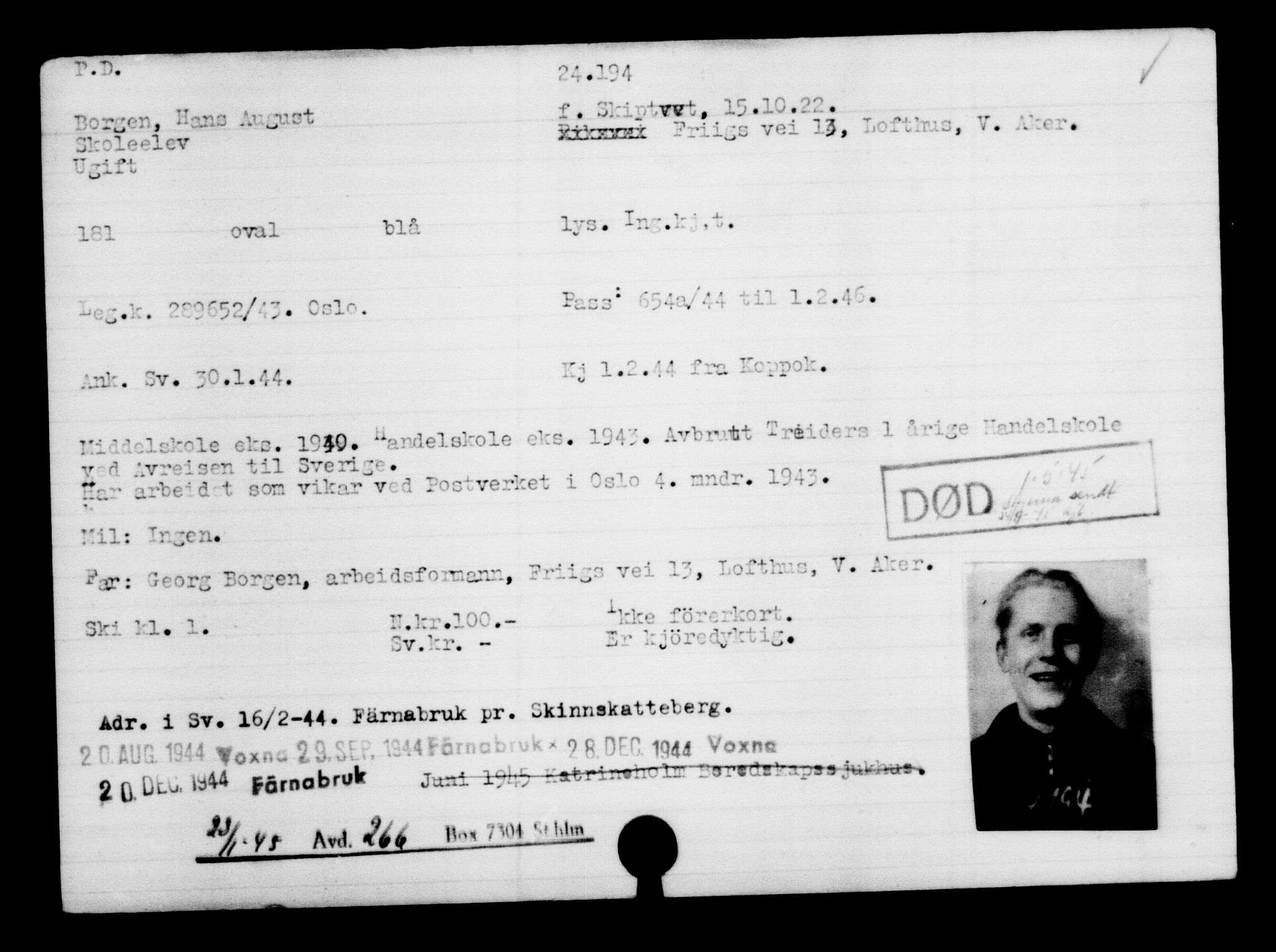 Utenriksstasjonene, Legasjonen i Stockholm, Flyktningkontoret, AV/RA-S-6753/V/Va/L0010: Kjesäterkartoteket, flyktninger med registreringsnr. 22000-25314, 1940-1945, s. 2323