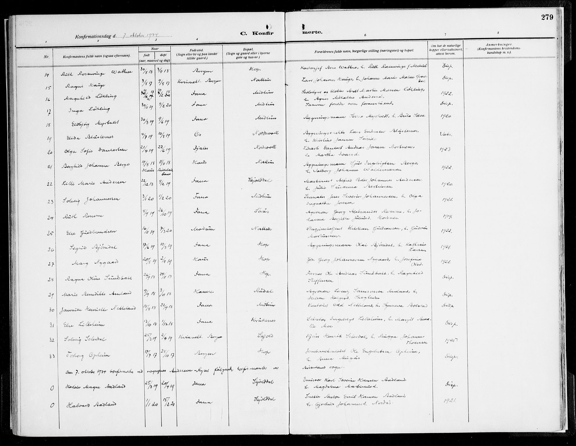 Fana Sokneprestembete, AV/SAB-A-75101/H/Haa/Haaj/L0001: Ministerialbok nr. J 1, 1921-1935, s. 279