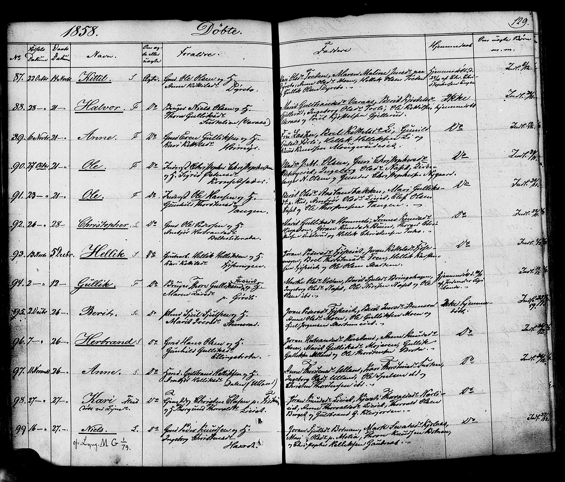 Flesberg kirkebøker, SAKO/A-18/F/Fa/L0006: Ministerialbok nr. I 6, 1834-1860, s. 129