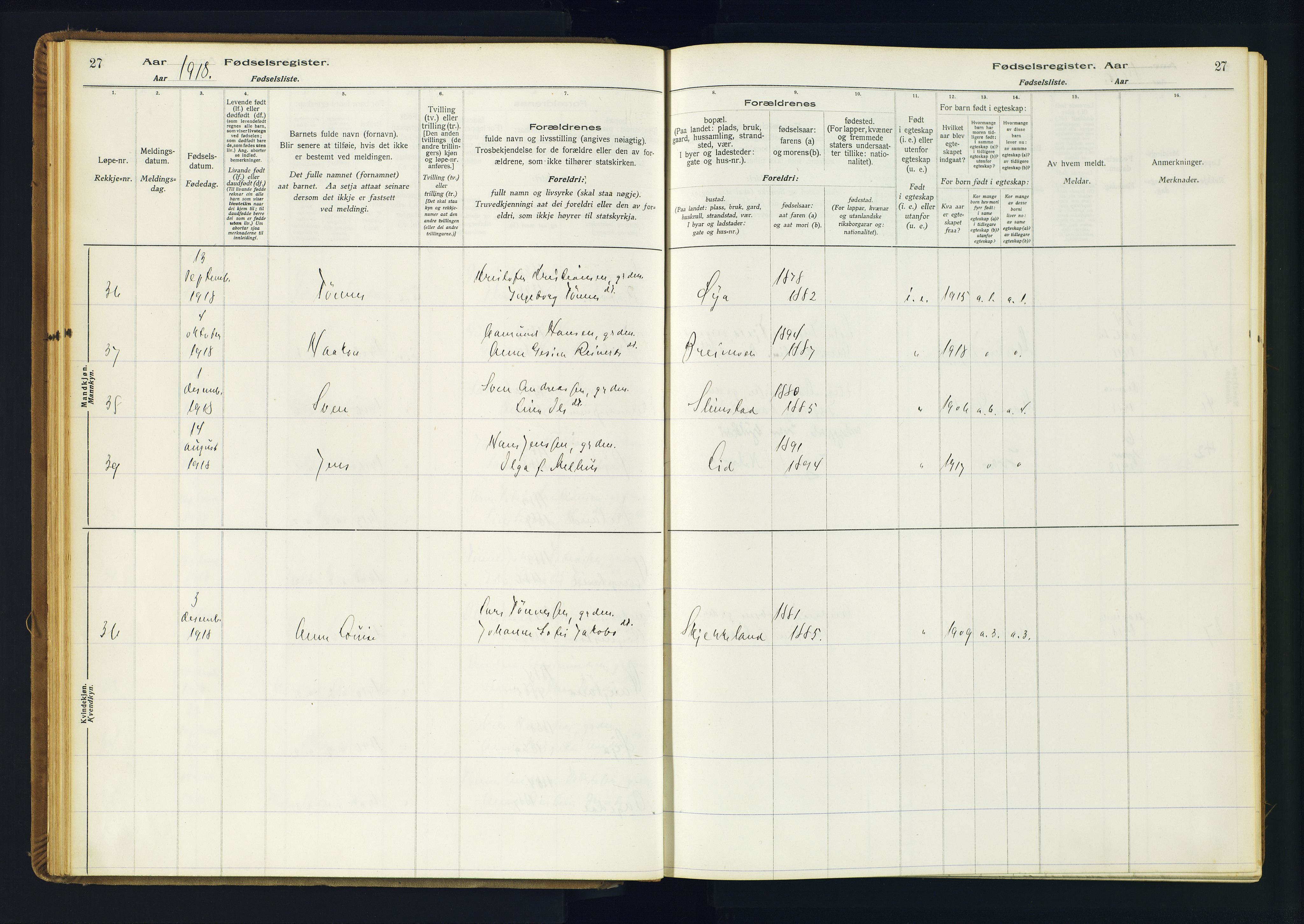 Kvinesdal sokneprestkontor, AV/SAK-1111-0026/J/Ja/L0001: Fødselsregister nr. 1, 1916-1941, s. 27