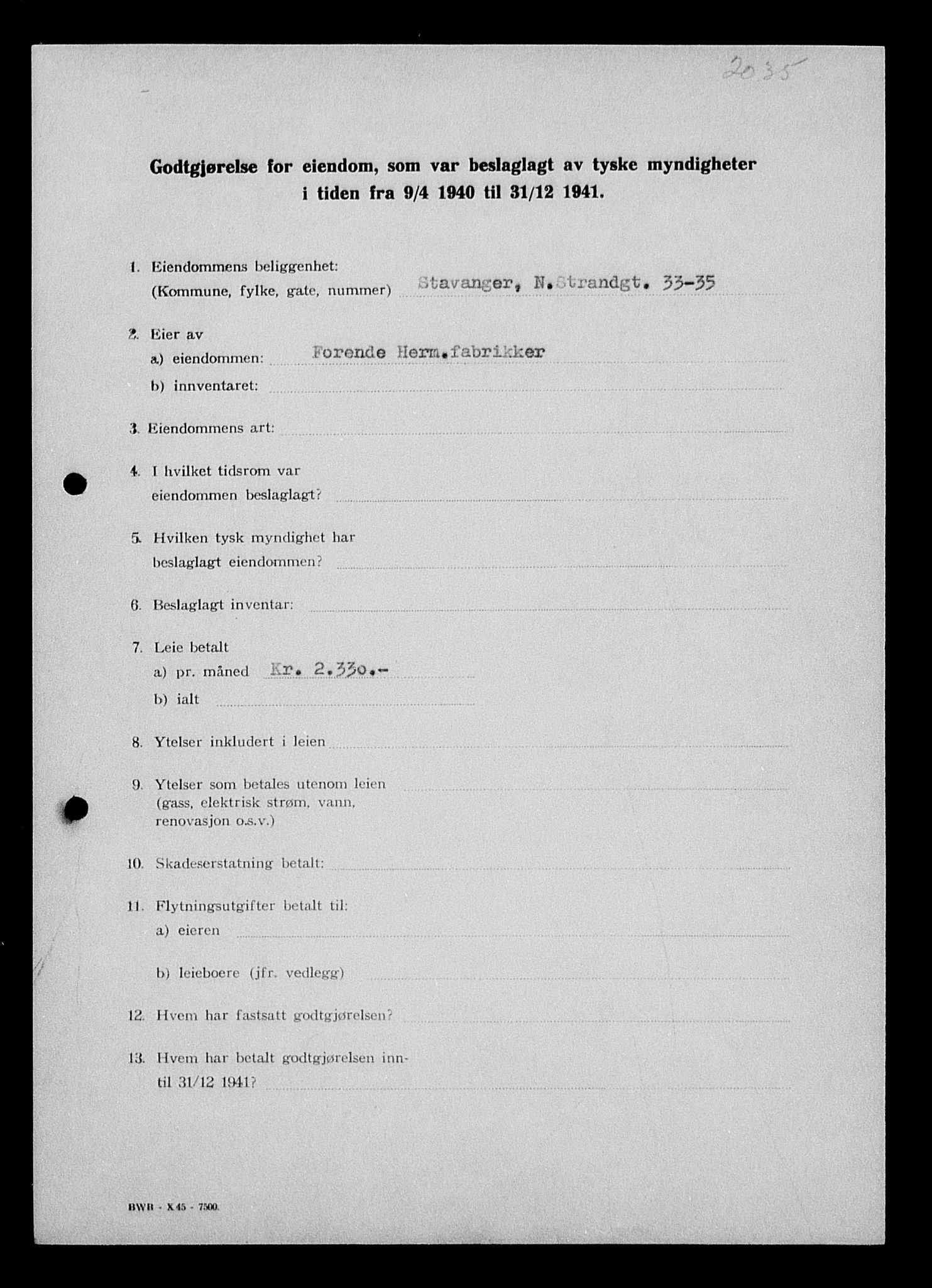 Justisdepartementet, Tilbakeføringskontoret for inndratte formuer, AV/RA-S-1564/I/L1014: Godtgjørelse for beslaglagt eiendom, 1940-1941, s. 35